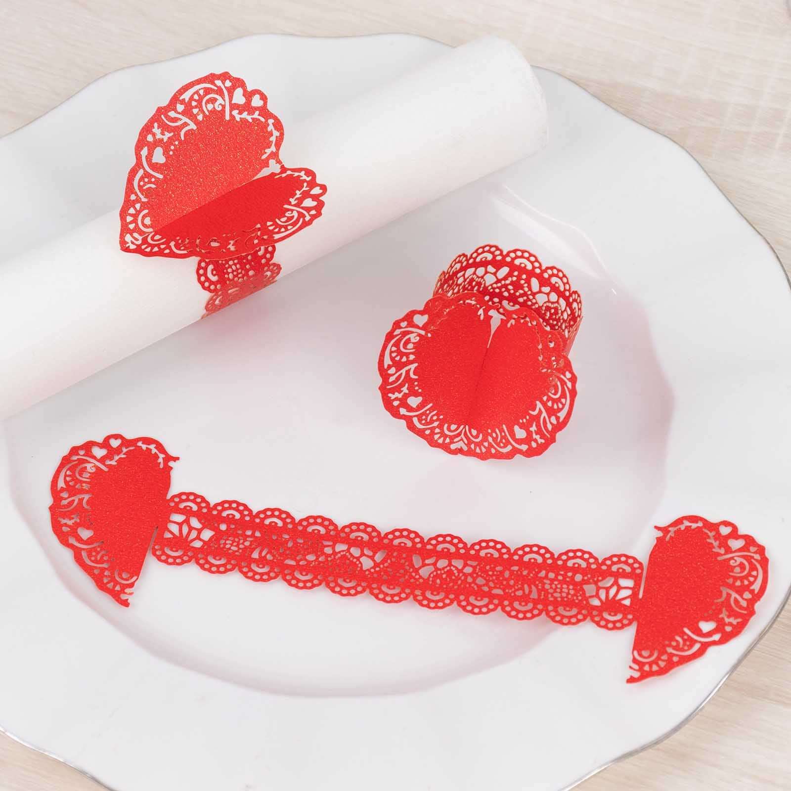 12 Pack Red Shimmery Laser Cut Heart Paper Napkin Holders with Lace Pattern, Disposable Napkin Rings Bands