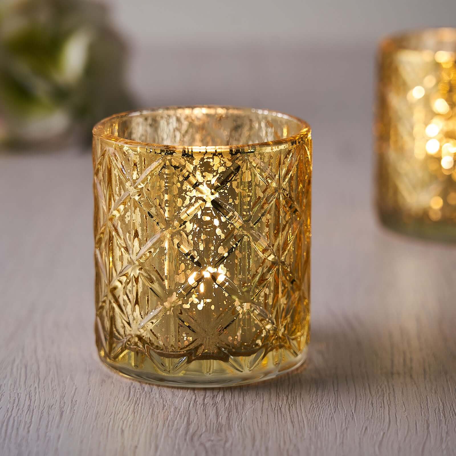 6-Pack Mercury Glass Candle Holders Shiny Gold with Geometric Design - Votive Tealight Holders 3