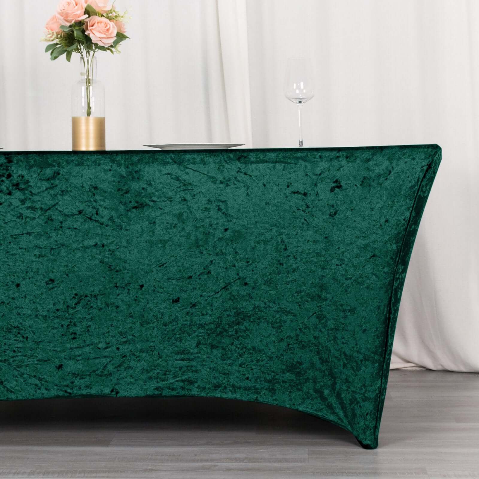 Crushed Velvet Fitted Rectangular 6ft Table Cover Hunter Emerald Green - Wrinkle-Free Stretchy Tablecloth