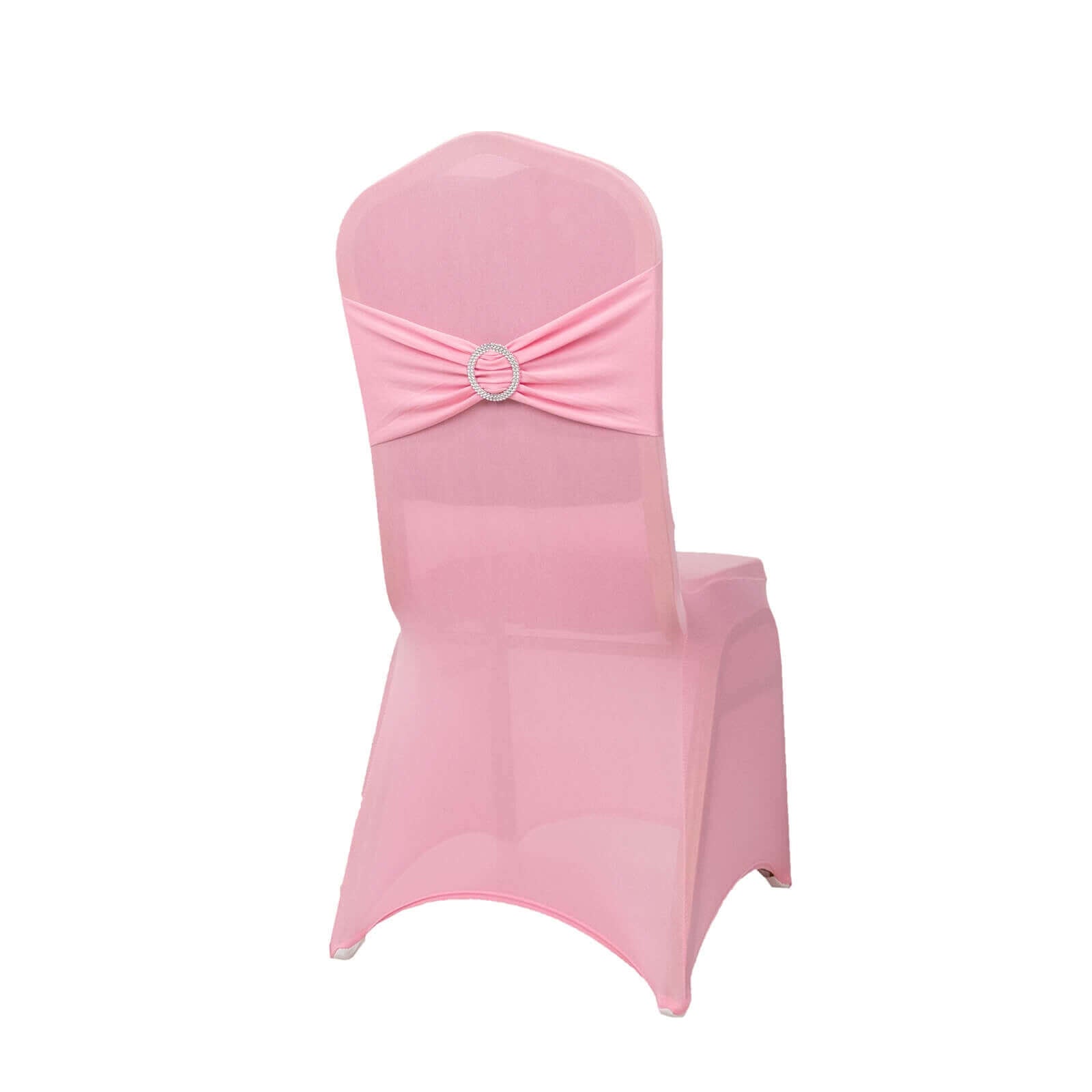 Spandex Chair Cover with Pink Rhinestone Buckled Sash Band Blush - Stretch Fitted Slipcover