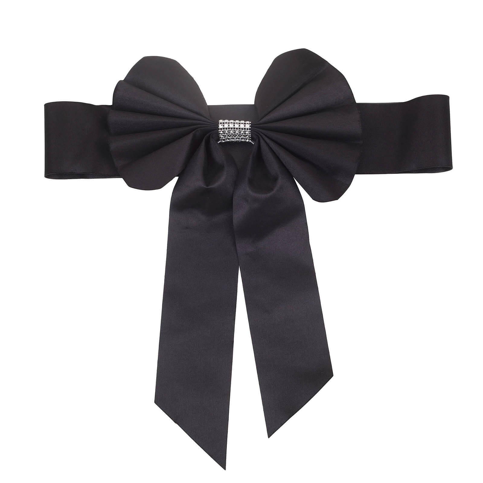 5 Pack Satin Faux Leather Chair Sashes Black - Durable Double Sided Pre-tied Bow Tie Chair Bands with Diamond Rhinestone Buckles Luxurious Party Decor