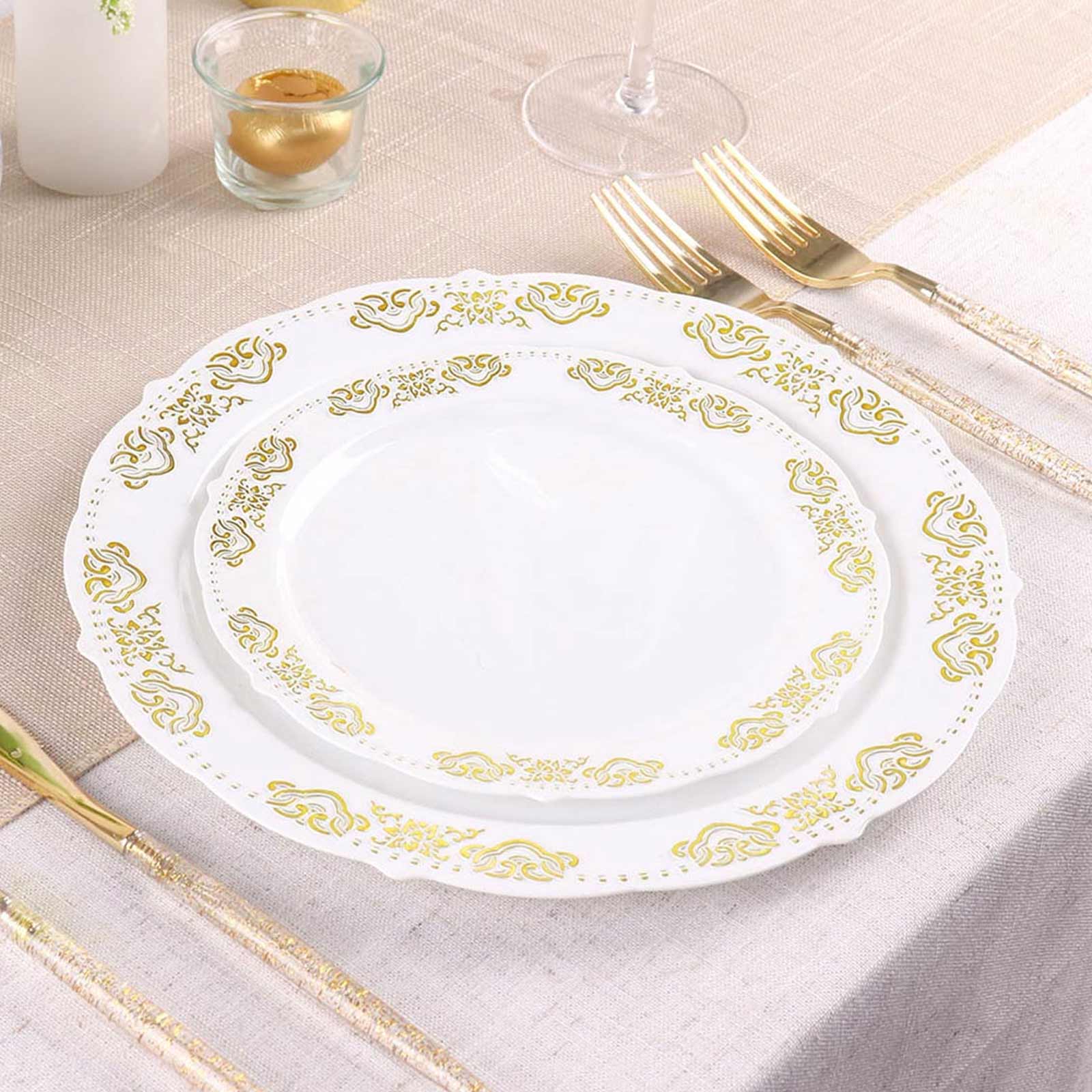 10-Pack Plastic 7.5 Round Appetizer Plates in White with Gold Embossed Scalloped Edge - Chic Disposable Salad Plates for Special Occasions & Banquets