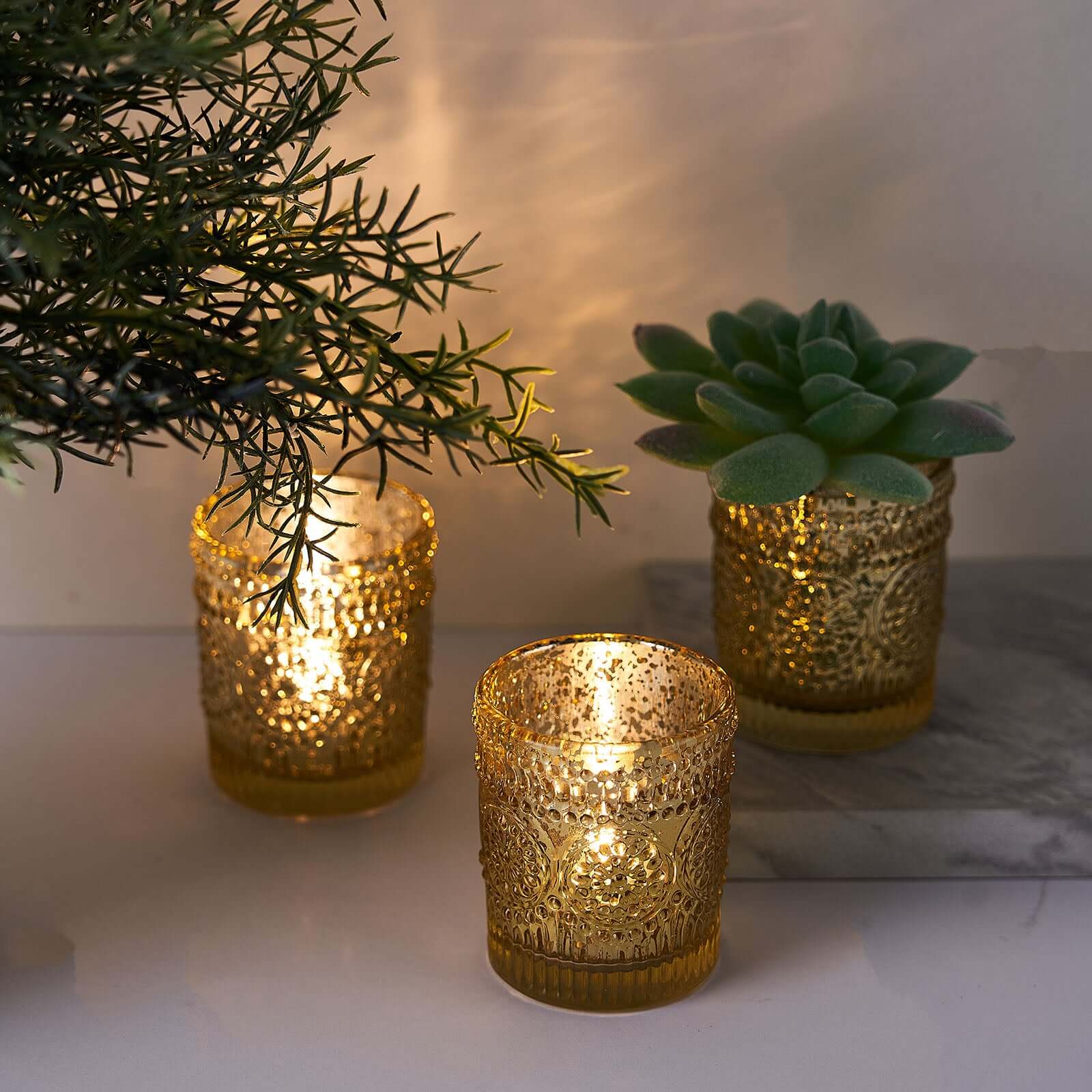 6-Pack Mercury Glass Candle Holders Gold Primrose Design - Votive Tealight Holders for Weddings