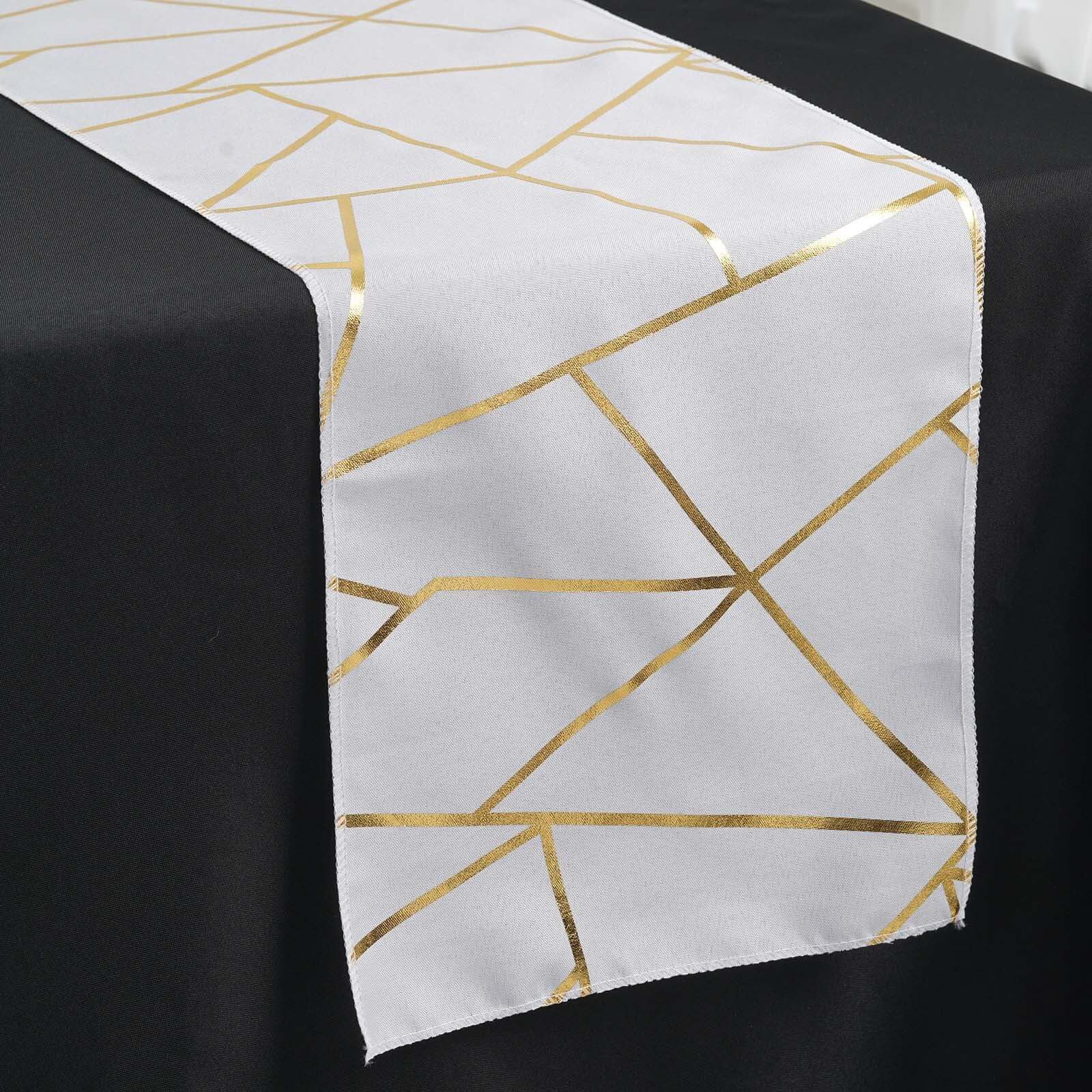 Polyester 9ft Table Runner White with Gold Foil Geometric Pattern - Modern & Stylish Table Decor