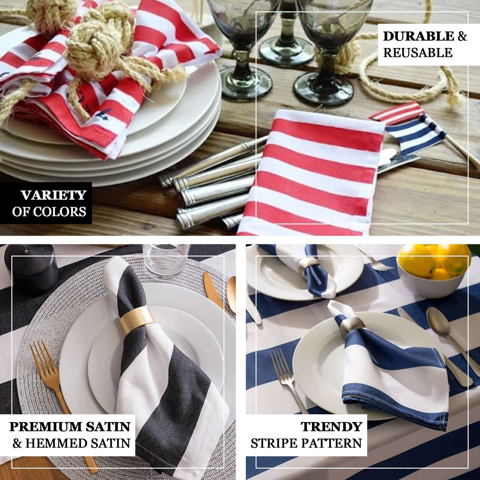 5 Pack Satin 20x20 Napkins Red/White - Striped Reusable Dinner Napkins