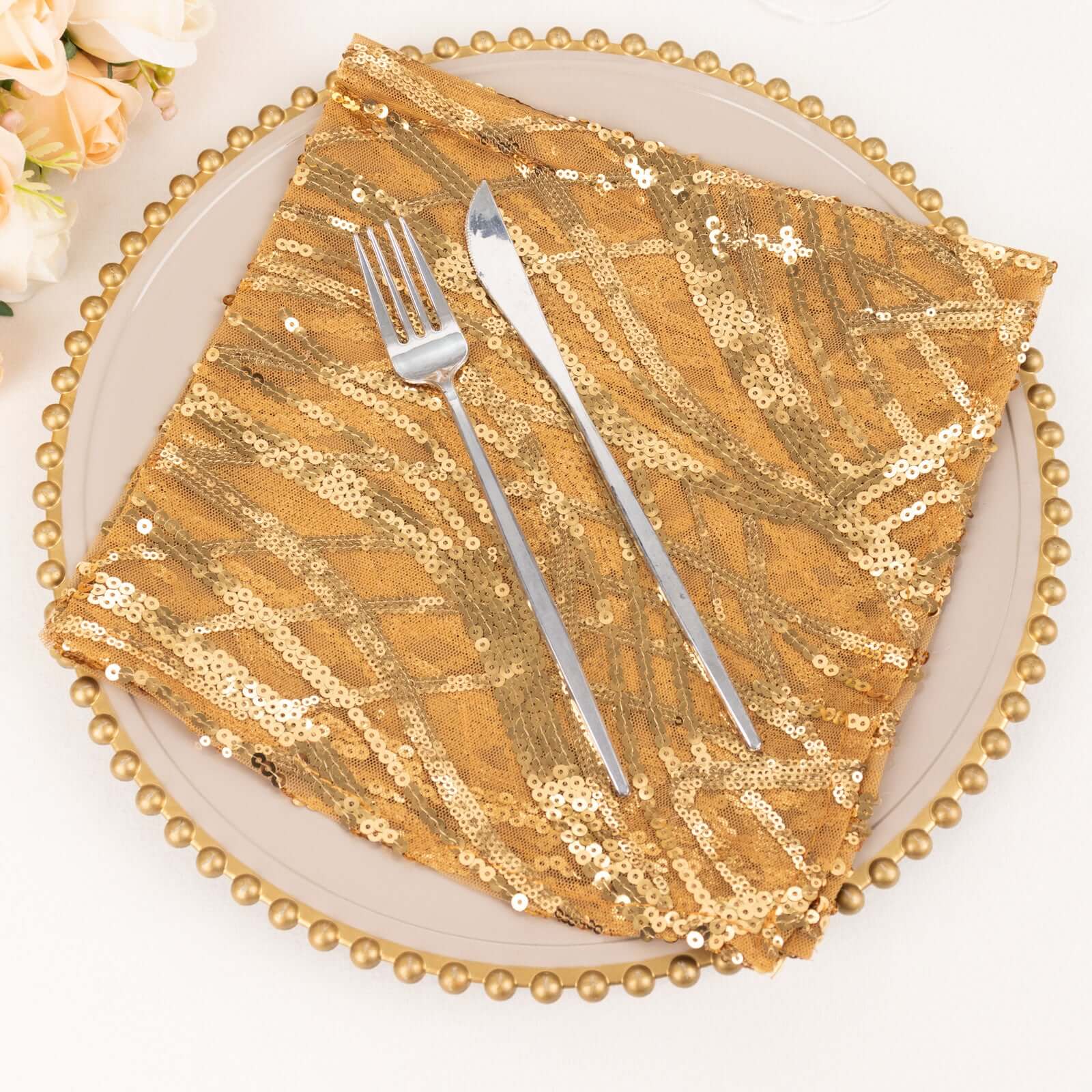 Sequin Mesh 20x20 Napkin Gold - Wave Embroidered Reusable Cloth Napkin for Glitzy Table Settings