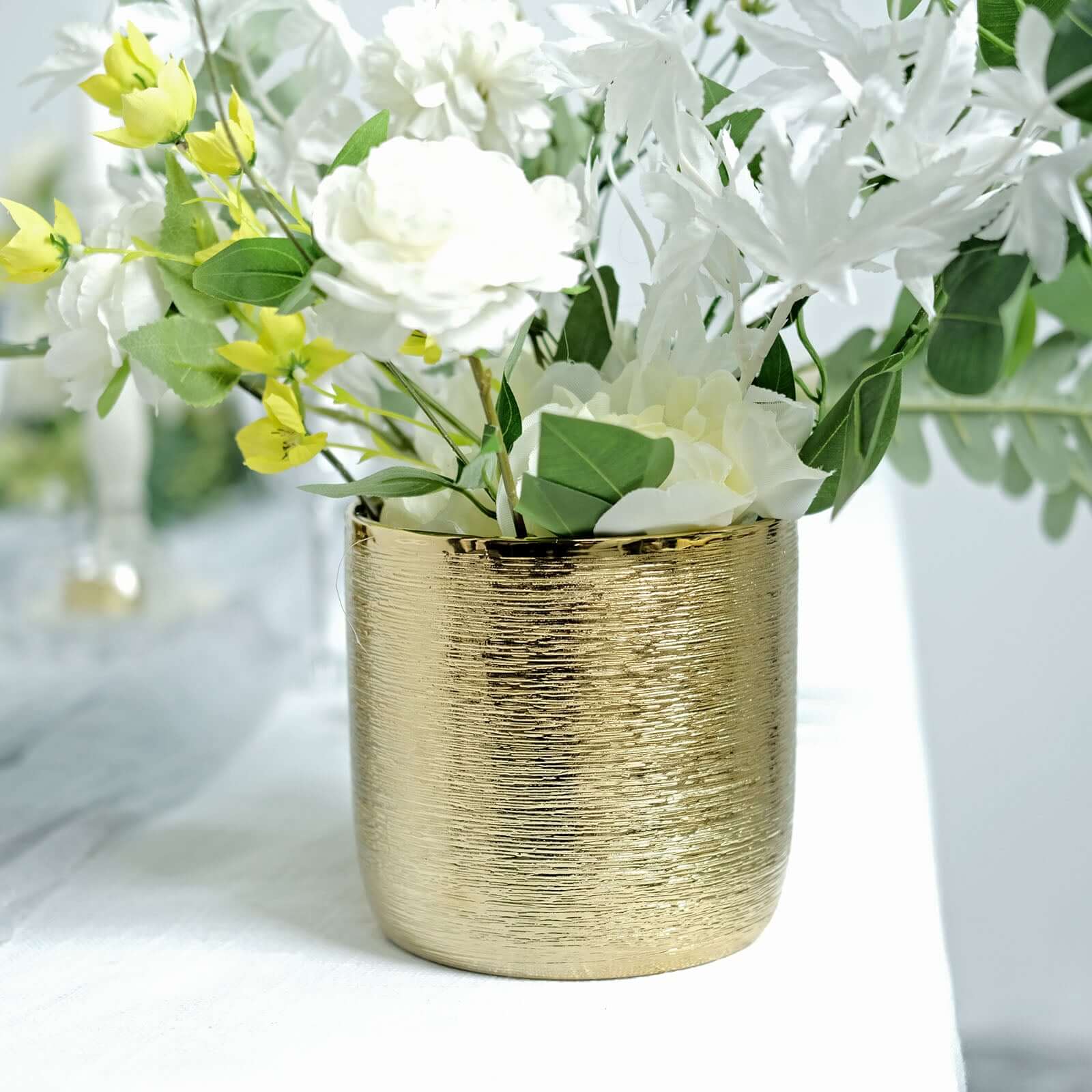 2-Pack Flower Plant Pots Textured Round Design Metallic Gold - Ceramic Cylindrical Indoor Planters 5