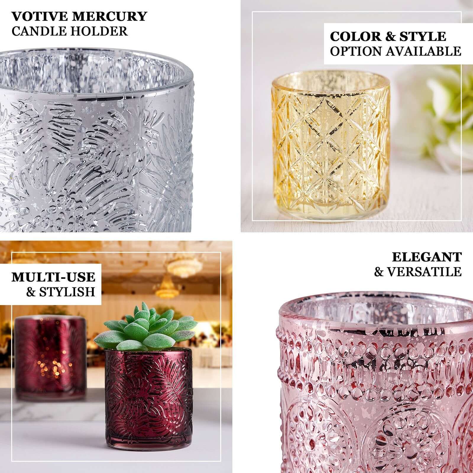 6-Pack Mercury Glass Candle Holders Gold Primrose Design - Votive Tealight Holders for Weddings