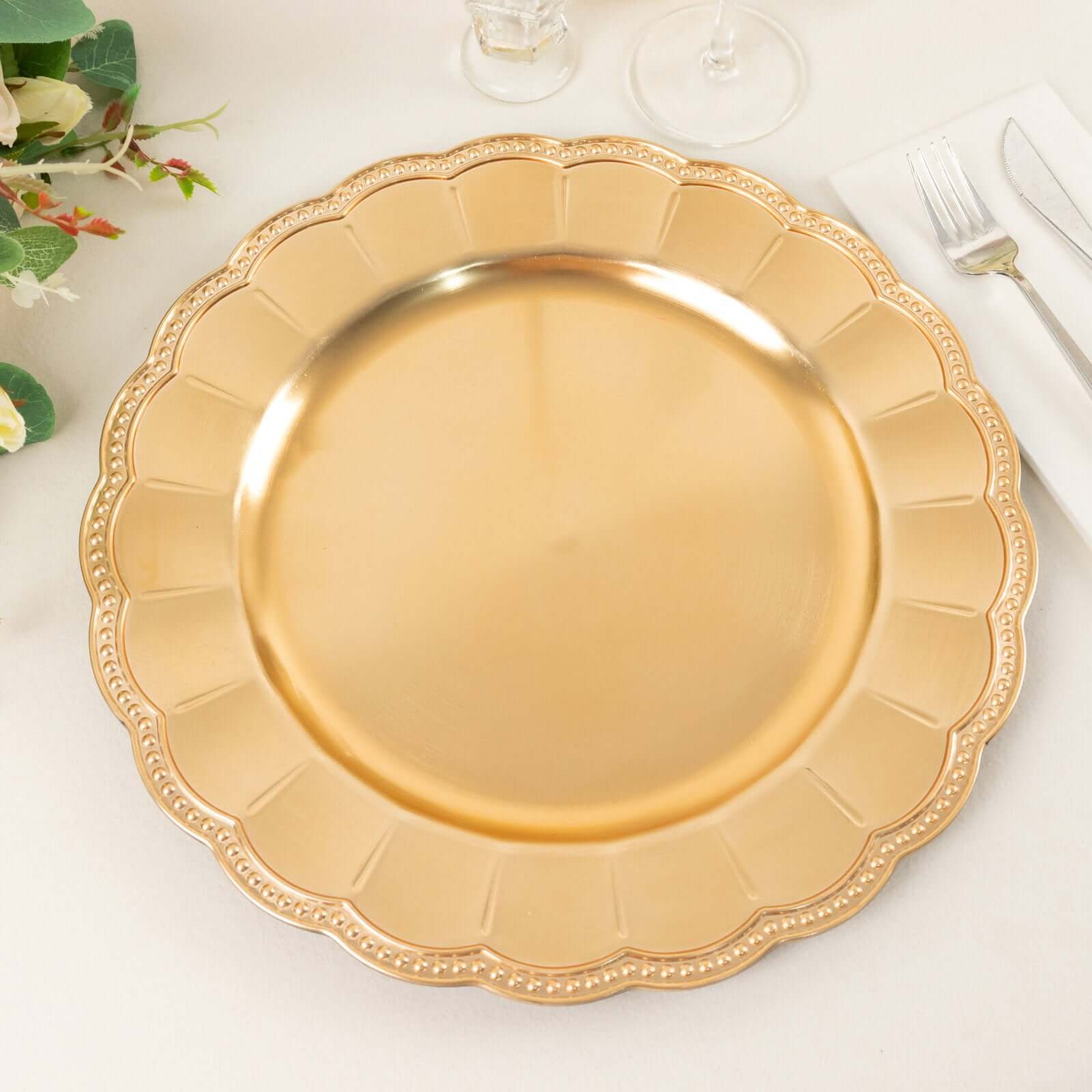 6-Pack Acrylic Round Charger Plates 13 in Metallic Gold with Beaded Sunflower Rim, Plastic Dinner Party Charger Tableware