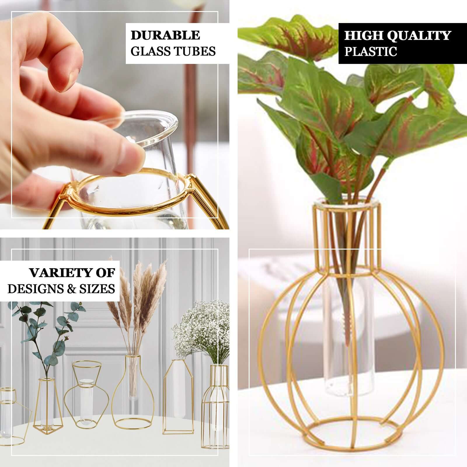 2-Pack Mini Wedding Centerpieces Gold Metal Frame Triangular Geometric Design - Test Tube Bud Vases 6