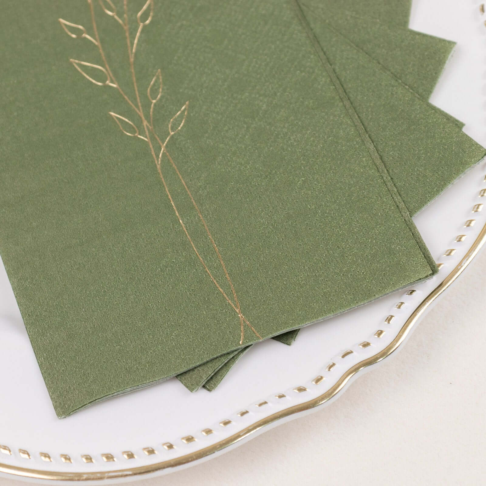 50-Pack Paper Dinner Napkins Olive Green with Gold Embossed Leaf - Stylish 2-Ply Disposable Napkins for Weddings 18GSM