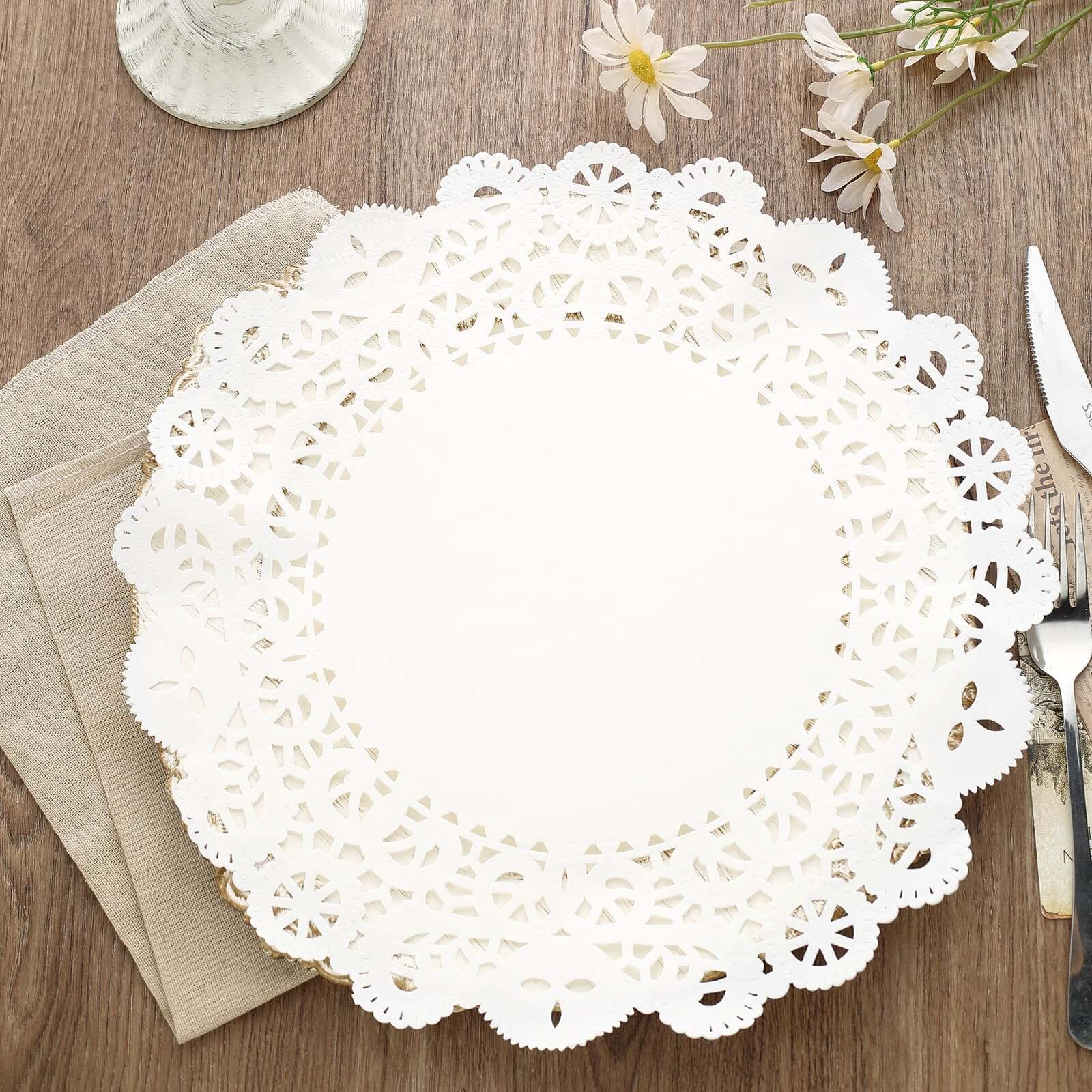 100 Pcs Paper 14 Round Placemats in White - Food Grade Lace Paper Doilies for Dessert Display & Table Decor