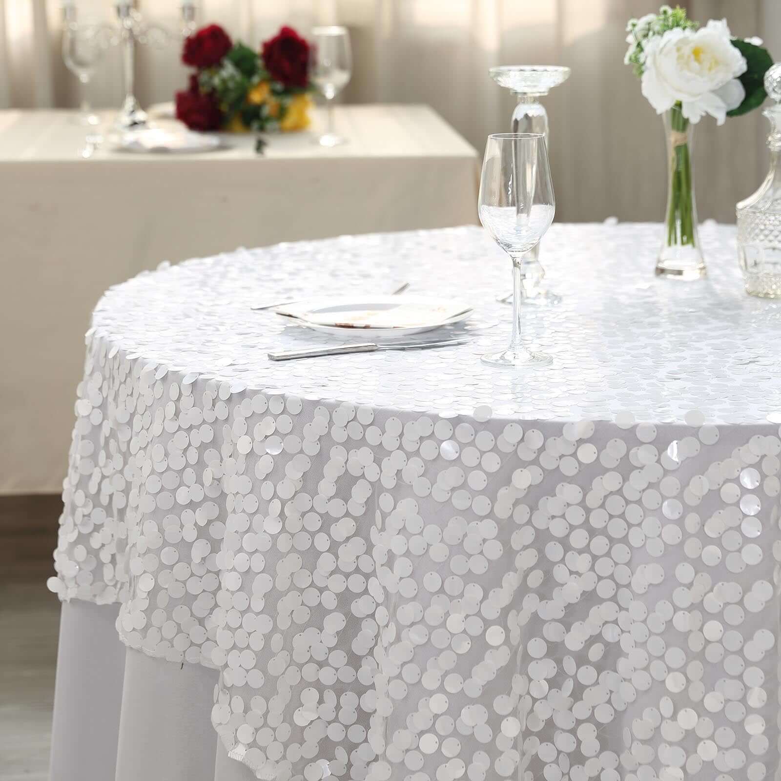 Sequin 72x72 Table Overlay Square Tablecloth White - Big Payette Design for Classy Celebrations