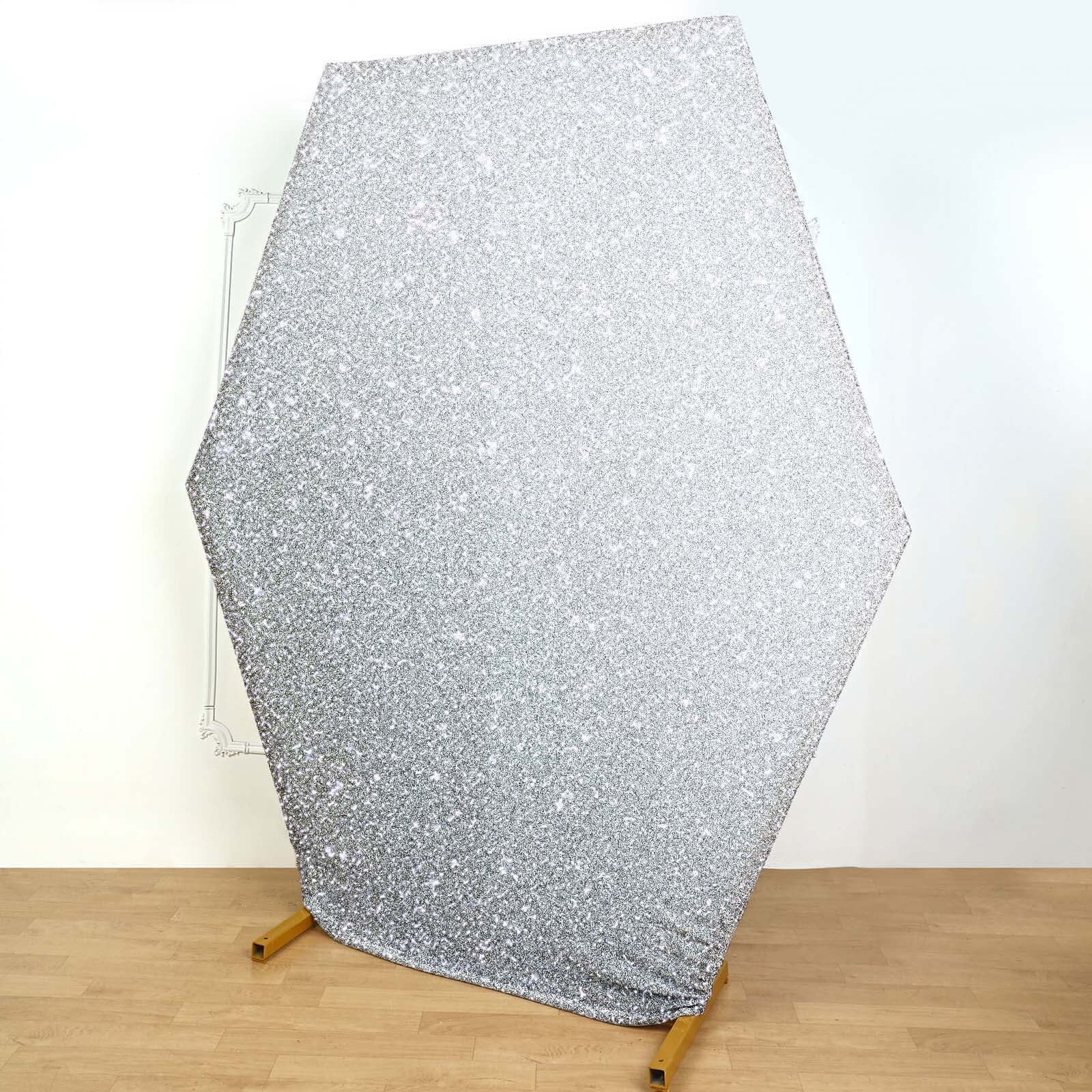 8ftx7ft Silver Metallic Shimmer Tinsel Spandex Hexagon Wedding Arbor Cover, 2-Sided Backdrop