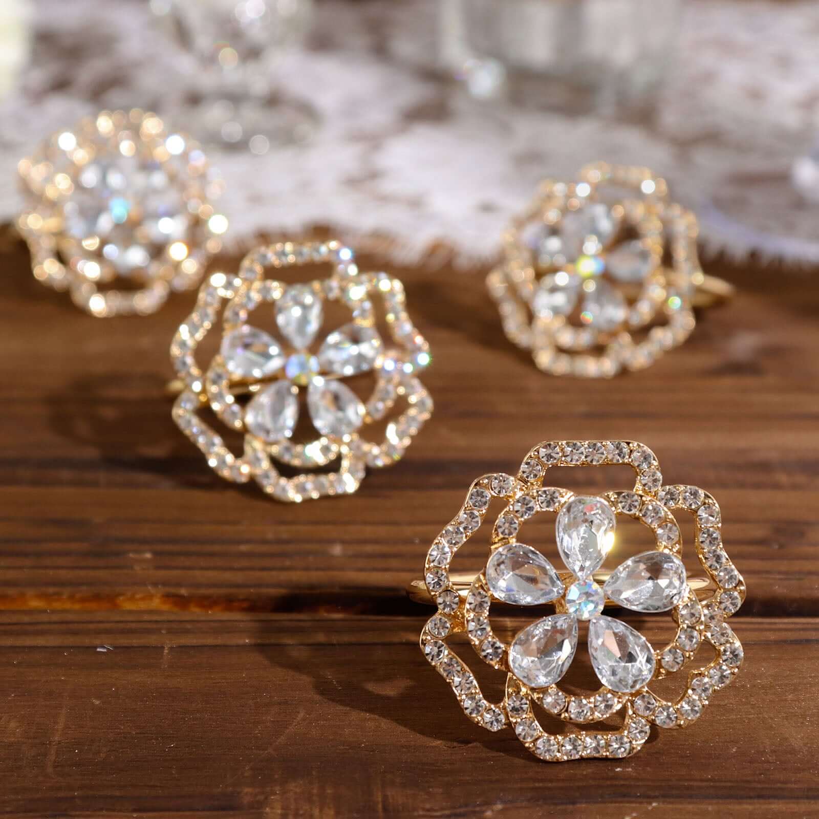 4 Pack Diamond Rhinestone Gold Metal Rose Flower Napkin Rings, Decorative Napkin Buckle Holders