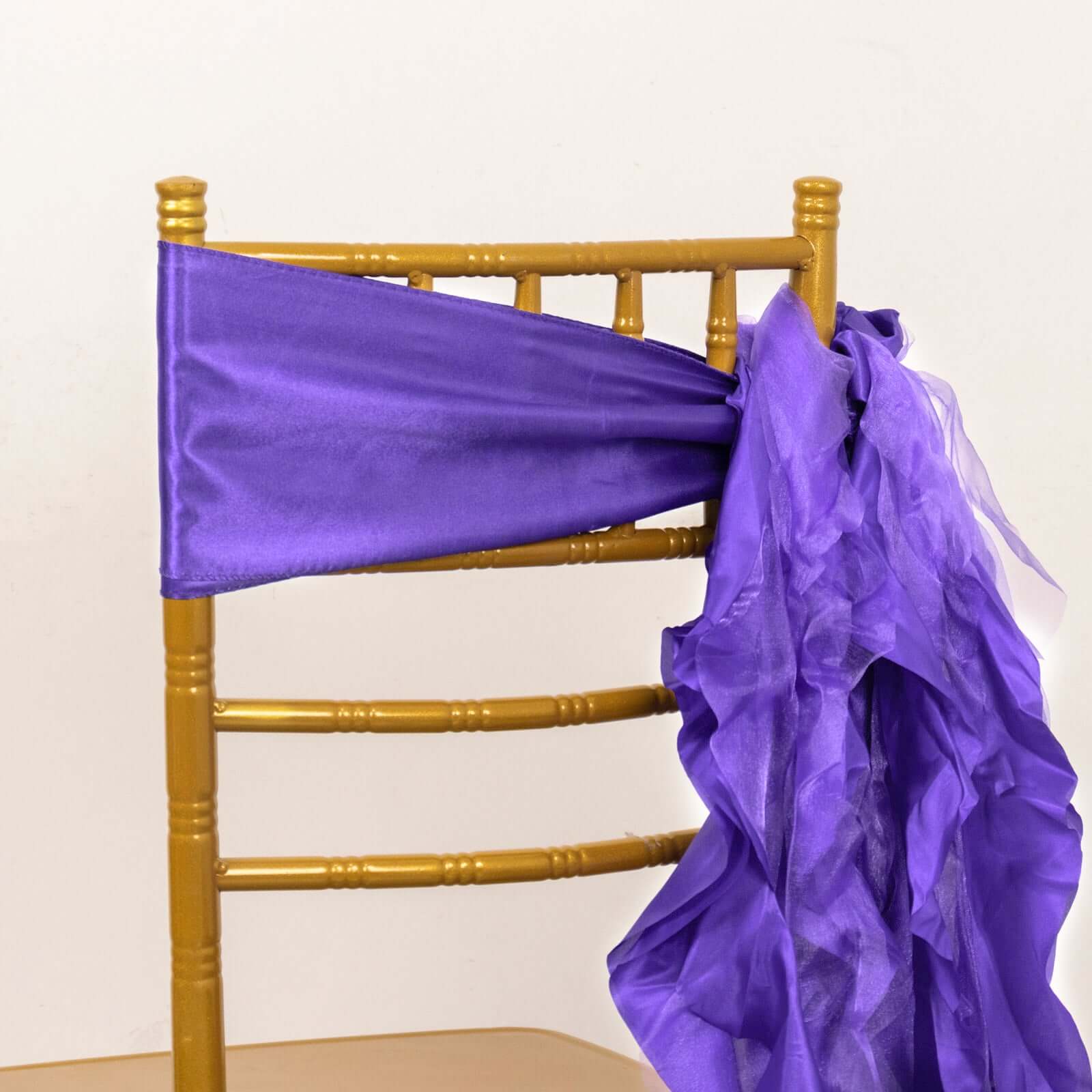 5 Pack Chiffon Satin Chair Sashes Purple - Easy to Install Ruffled Curly Willow