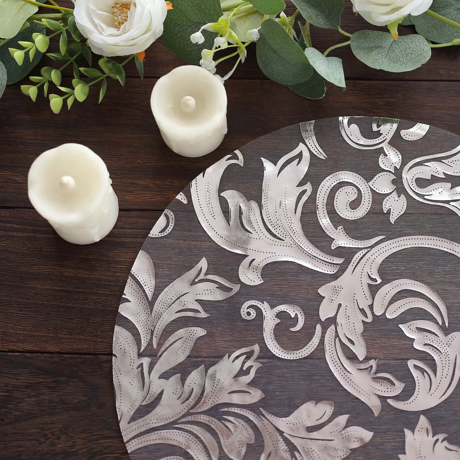 10-Pack Table Placemats Swirl Foil Floral Design Metallic Silver Round - Sheer Organza Disposable Mats 13