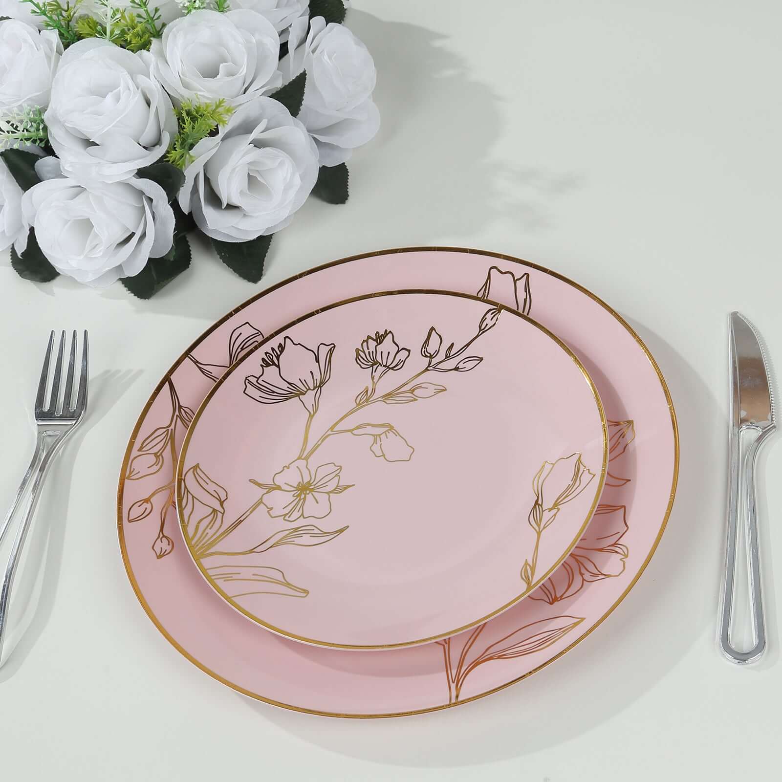 Set of 20 Plastic Round Dinner and Dessert Plates in Dusty Rose with Metallic Gold Floral Design - Stylish Disposable Dinnerware 8, 10