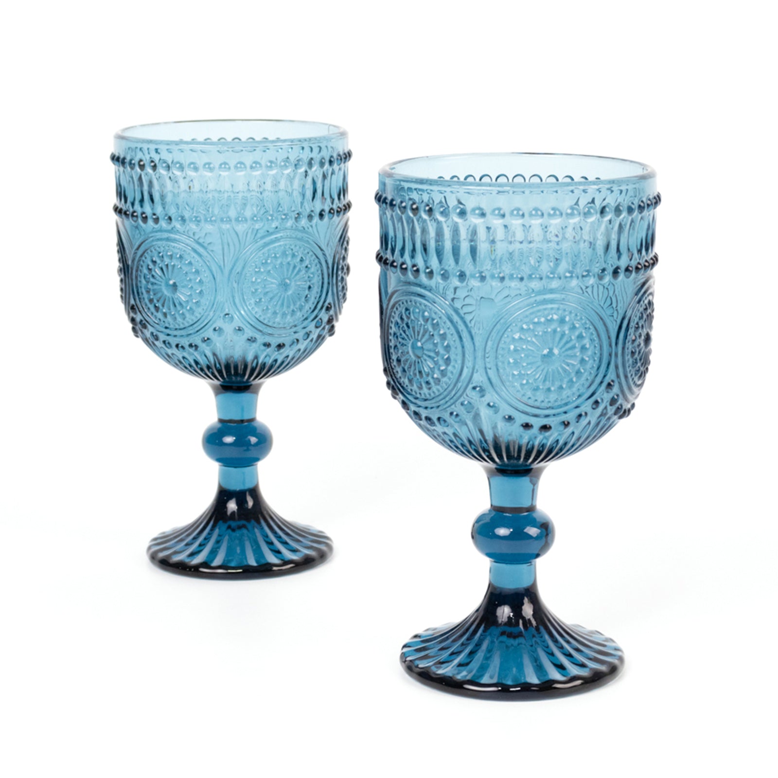 6-Pack Wine Glasses Ocean Blue Vintage Embossed Design with Textured Floral Pattern - Short Stemmed Glasses for Drinks & Cocktails 12oz