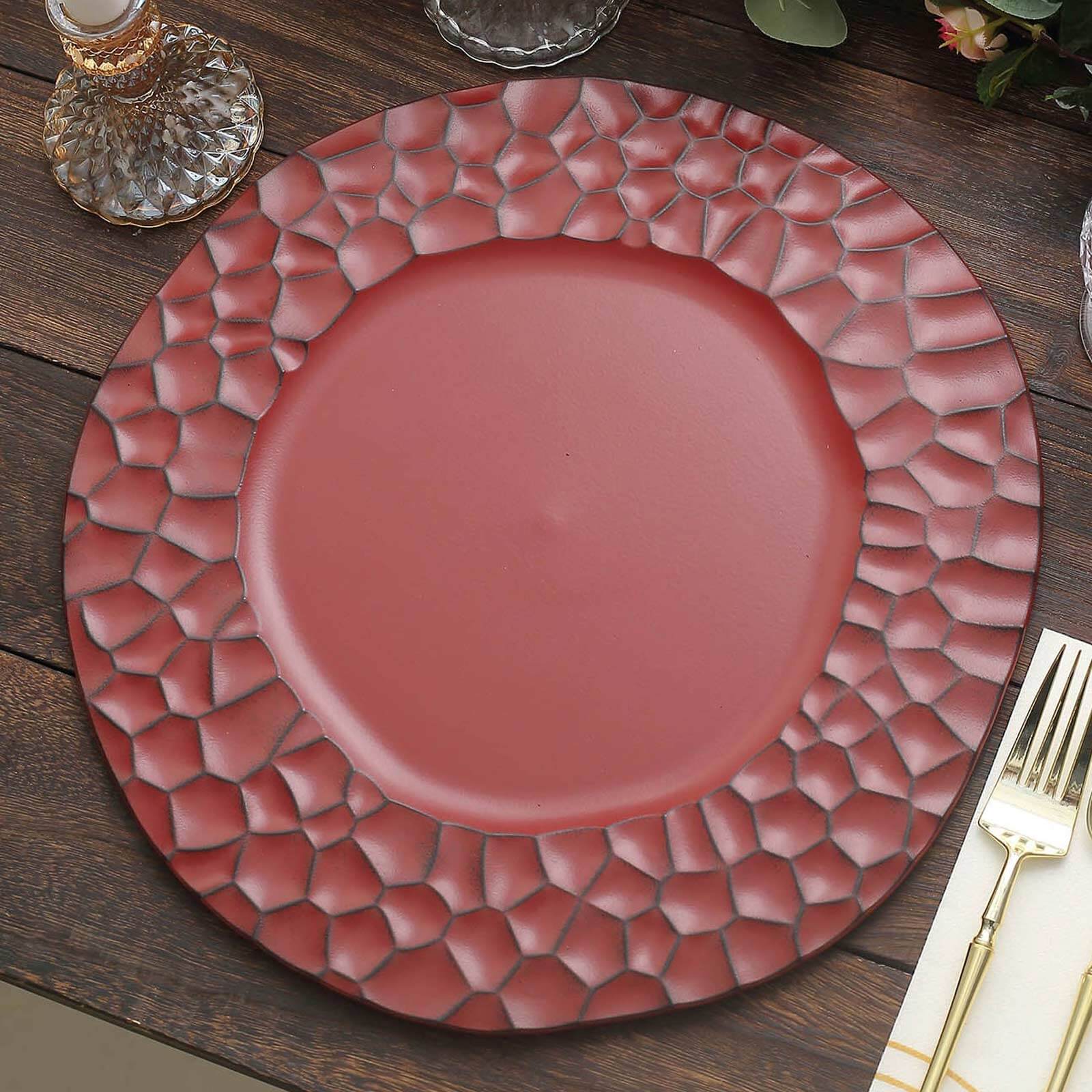 6-Pack Round Charger Plates 13 in Burgundy with Hammered Rim, Matte Finish Modern Dinner Charger Tableware