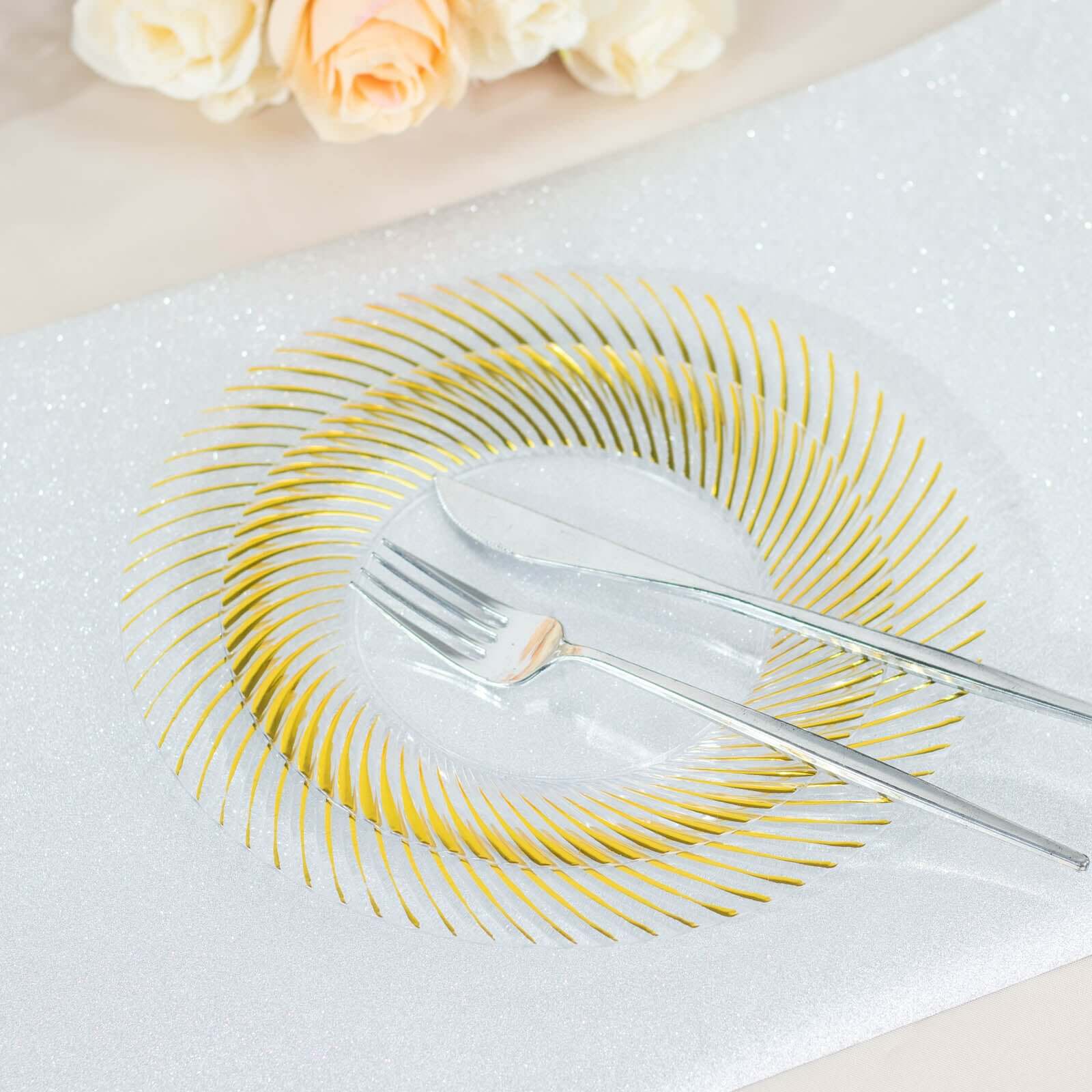 10-Pack Plastic 7 Round Dessert Plates in Clear with Gold Swirl Rim - Disposable Salad Plates