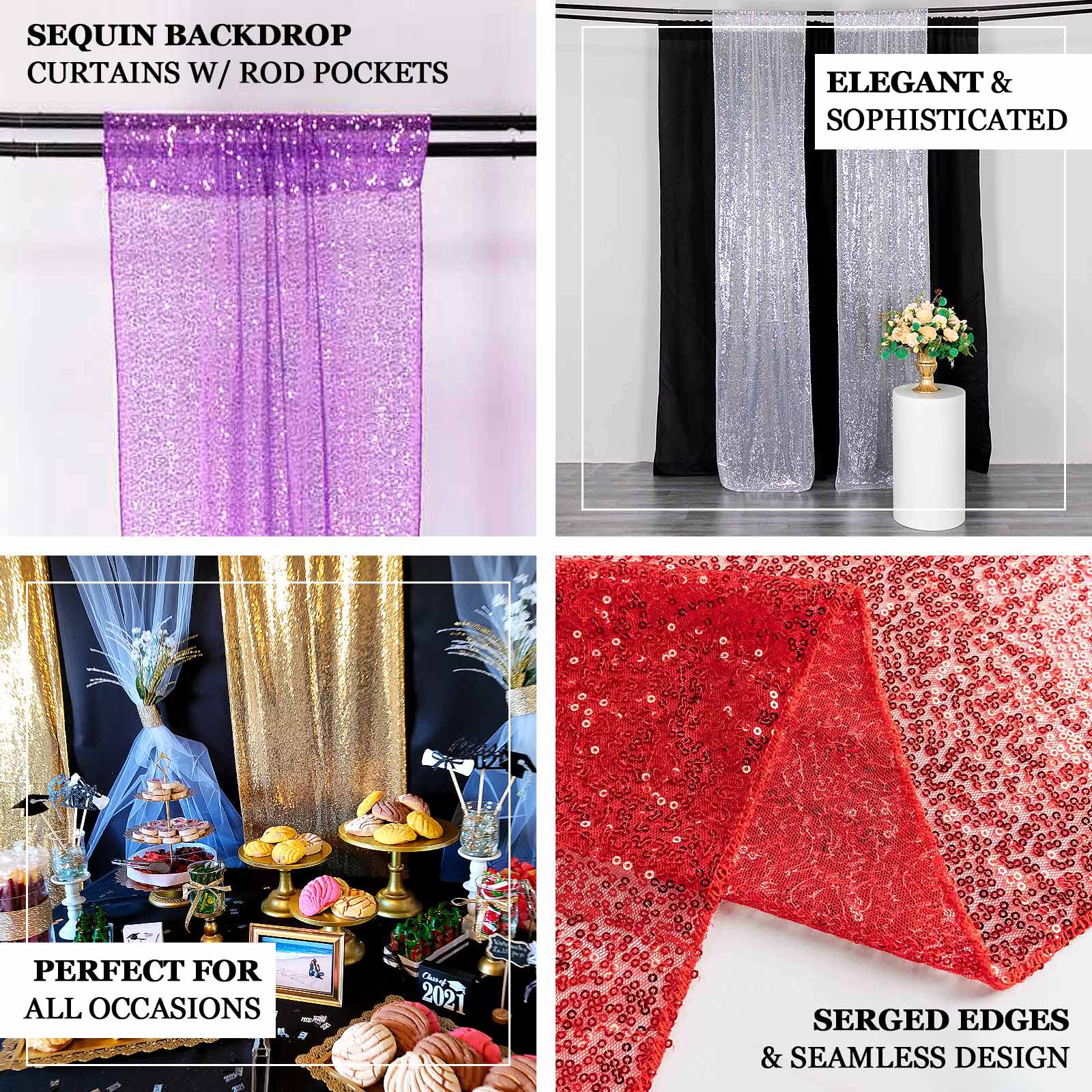 2 Pack Silver Sequin Event Curtain Drapes with Rod Pockets, Seamless Backdrop Event Panels - 8ftx2ft