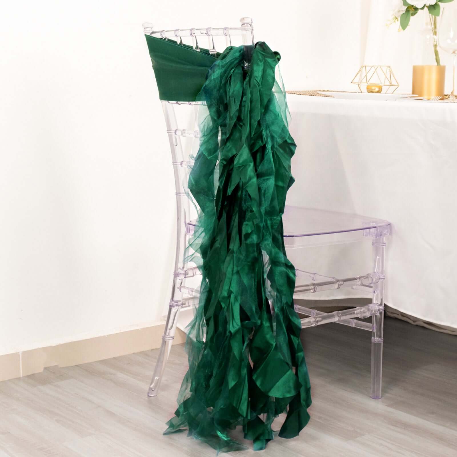 5 Pack Chiffon Satin Chair Sashes Hunter Emerald Green - Easy to Install Ruffled Curly Willow