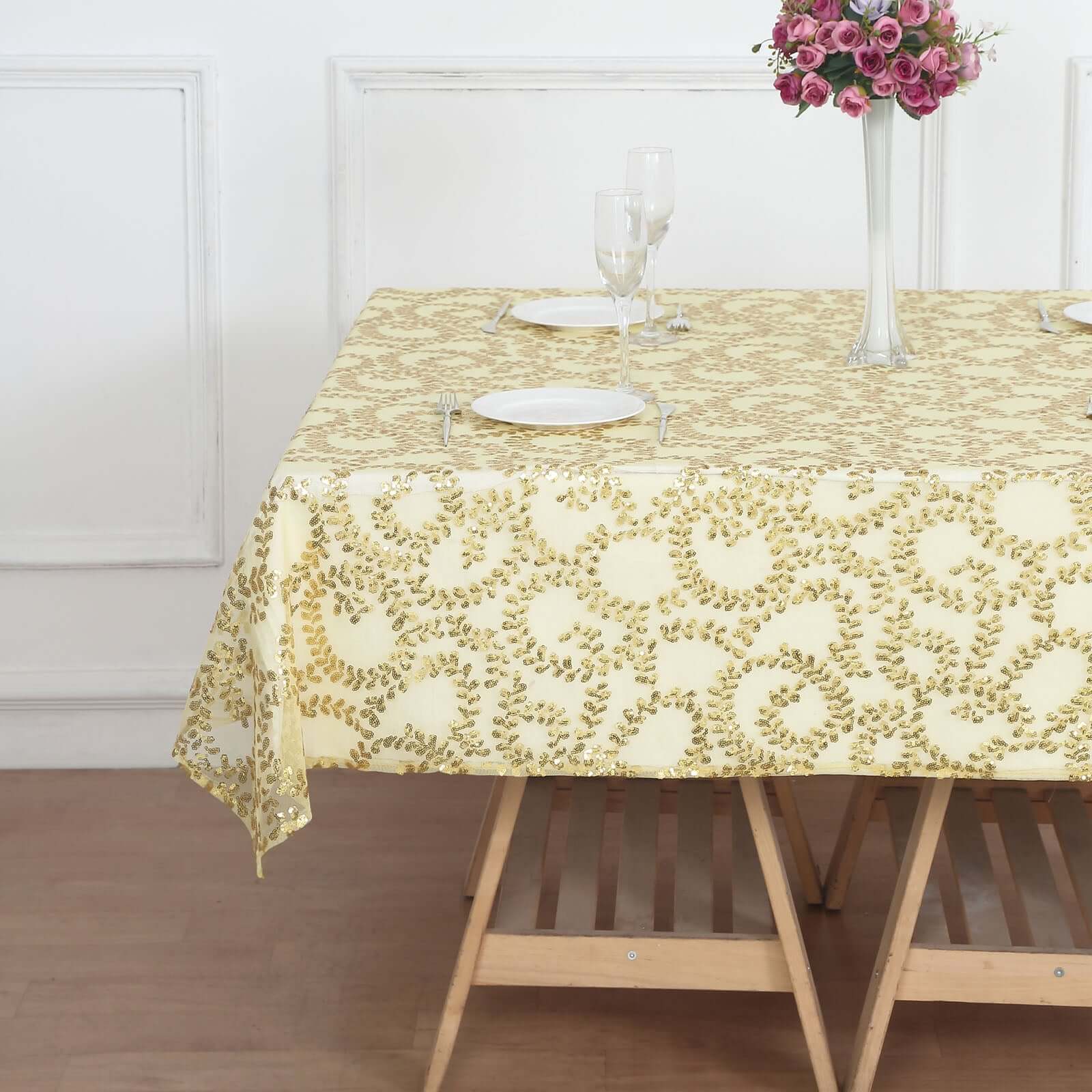 Tulle 72x72 Table Overlay Square Tablecloth Gold - Sequin Leaf Embroidered Design for Stylish Occasions