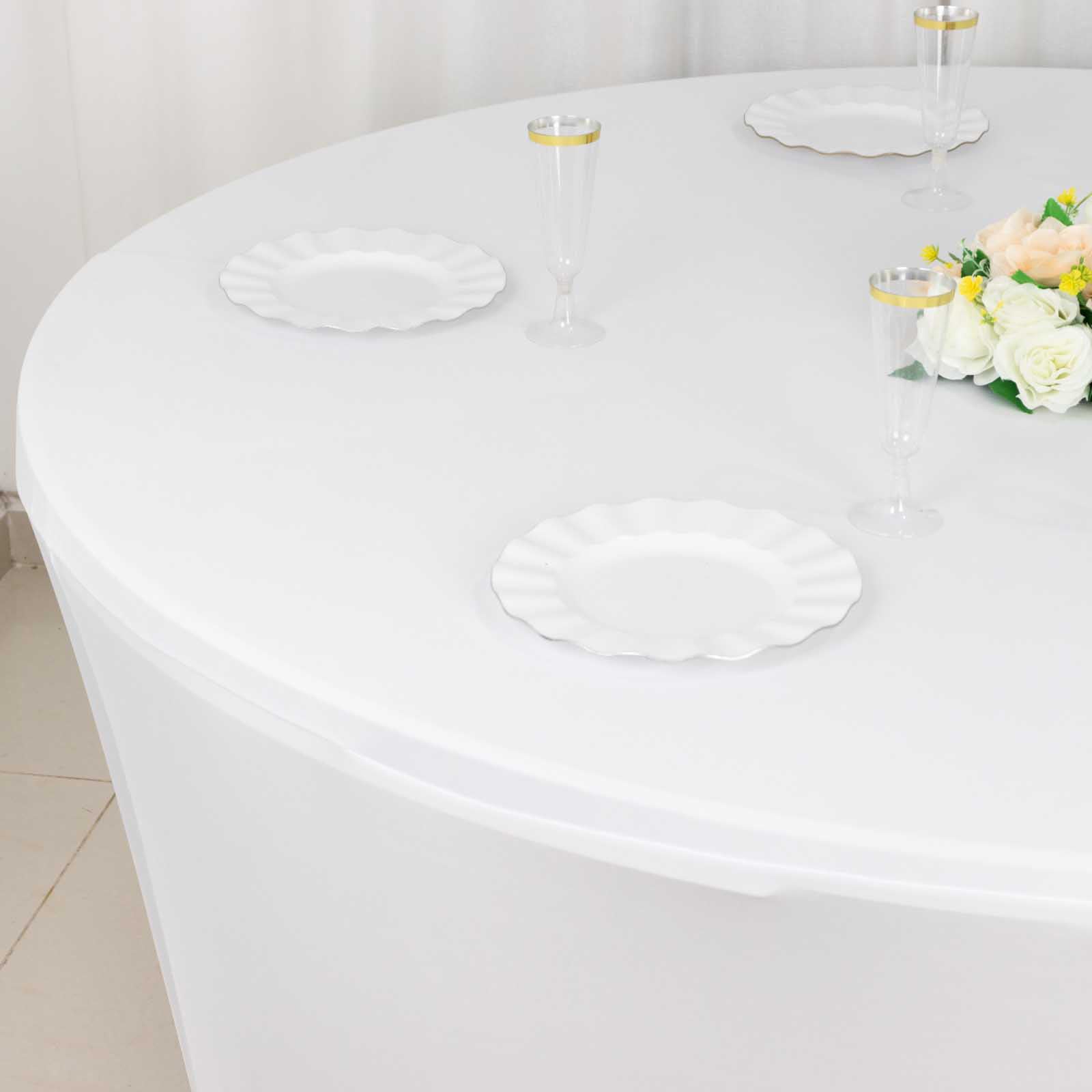 Stretch Spandex 6ft Round Tablecloth White - Durable Form-Fitting Table Cover for Events & Presentations