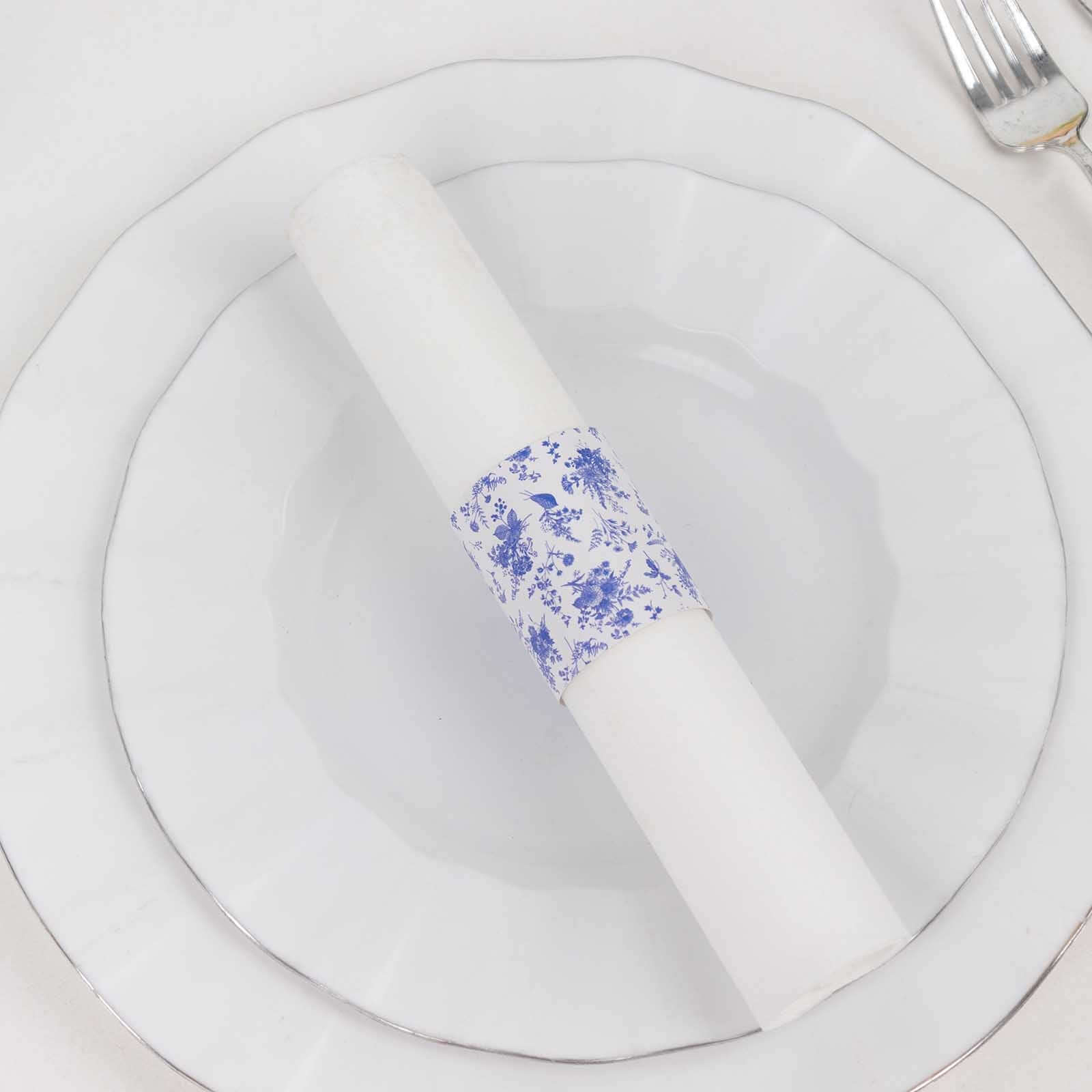 50 Pack White Blue Paper Napkin Holder Bands in French Toile Floral Pattern, Disposable Napkin Rings - 1.5