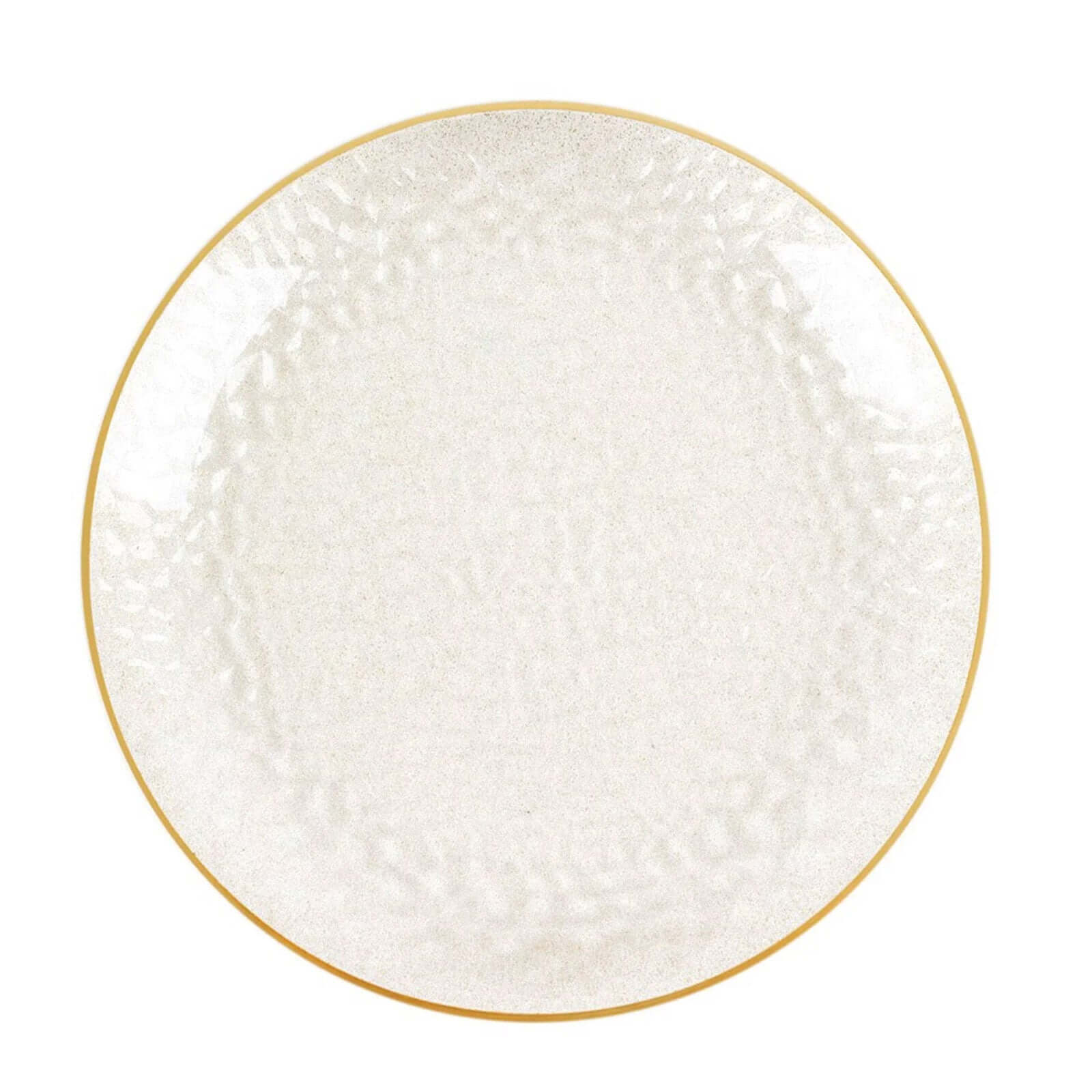 10-Pack Economy Plastic Round Charger Plates 13 in Clear Hammered Design with Glittered Gold Rim - Decorative Dinner Party Serving Plates