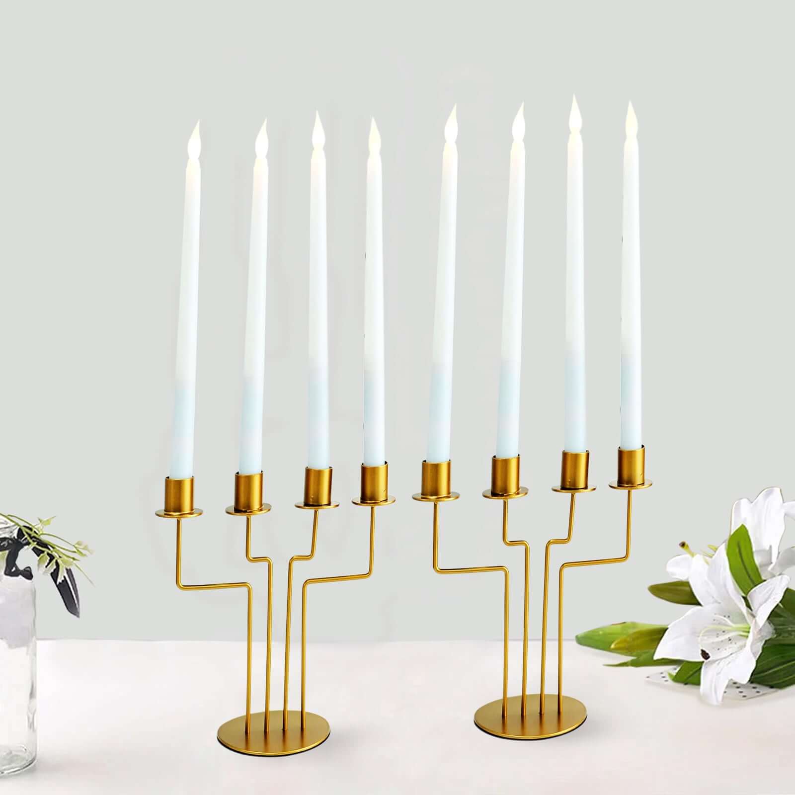 2-Pack Geometric Taper Candelabra 4 Arm Design Gold Metal Decorative Centerpiece - Perfect for Events 8