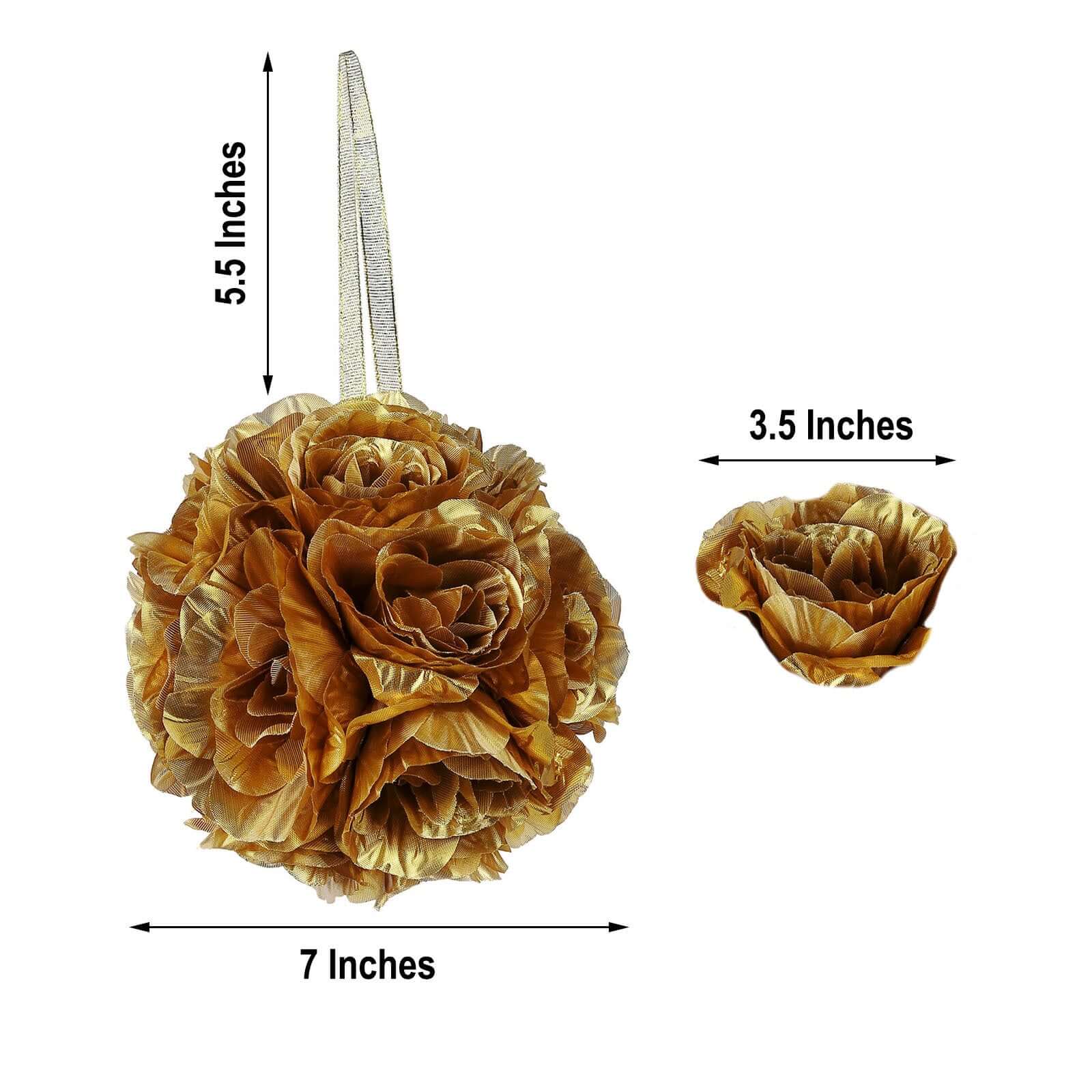 2 Pack 7 Gold Artificial Silk Rose Kissing Ball, Faux Flower Ball