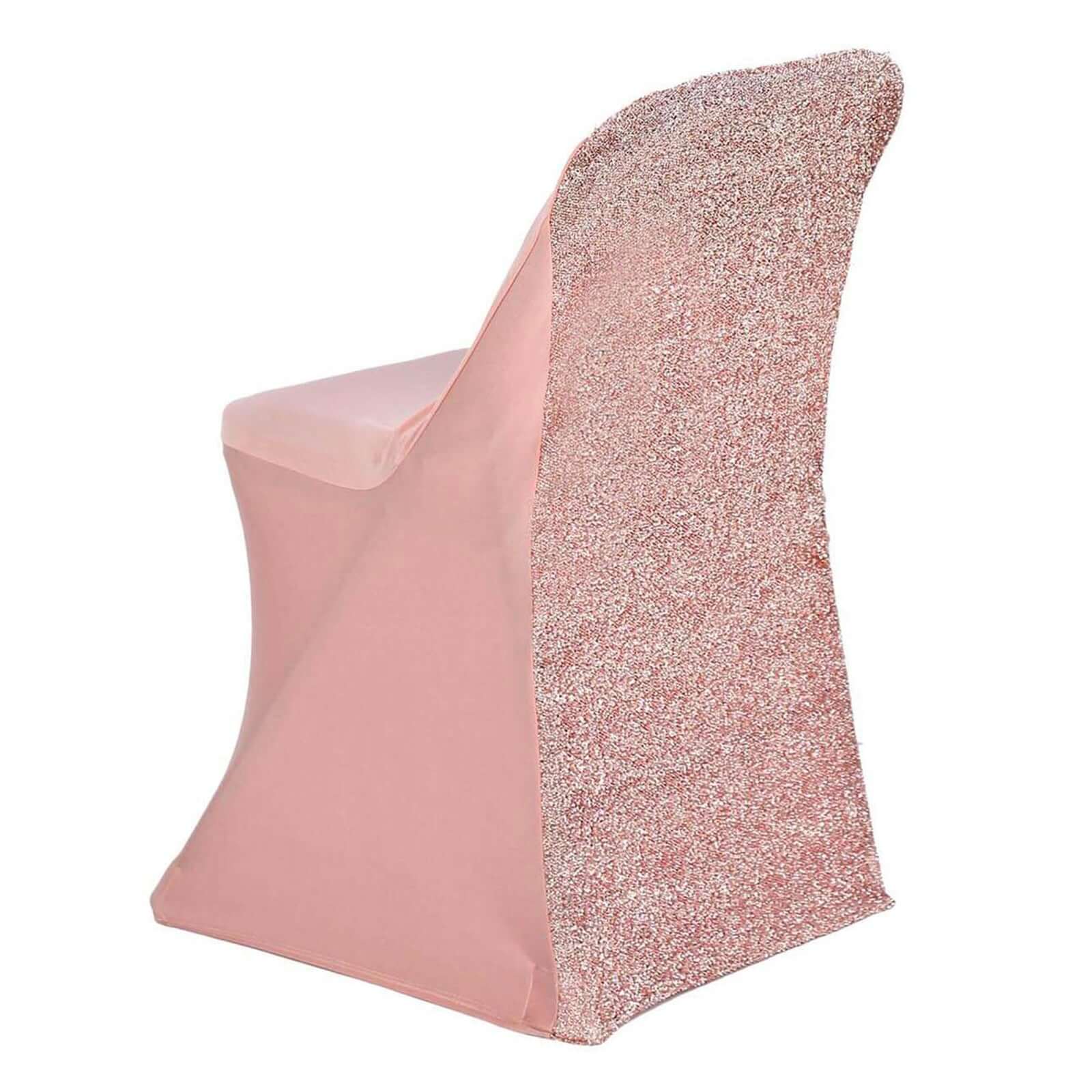 Stretch Spandex Chair Cover Rose Gold for Folding Chairs - Metallic Shimmer Tinsel Back Design Fitted Slipcover