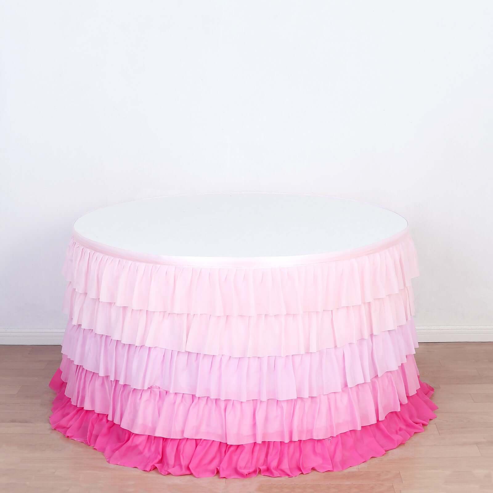 Chiffon 14ft Table Skirt Gradient Pink - Stylish 5-Tier Ombre Ruffled Tutu Table Cover with Satin Backing for Weddings & Celebrations