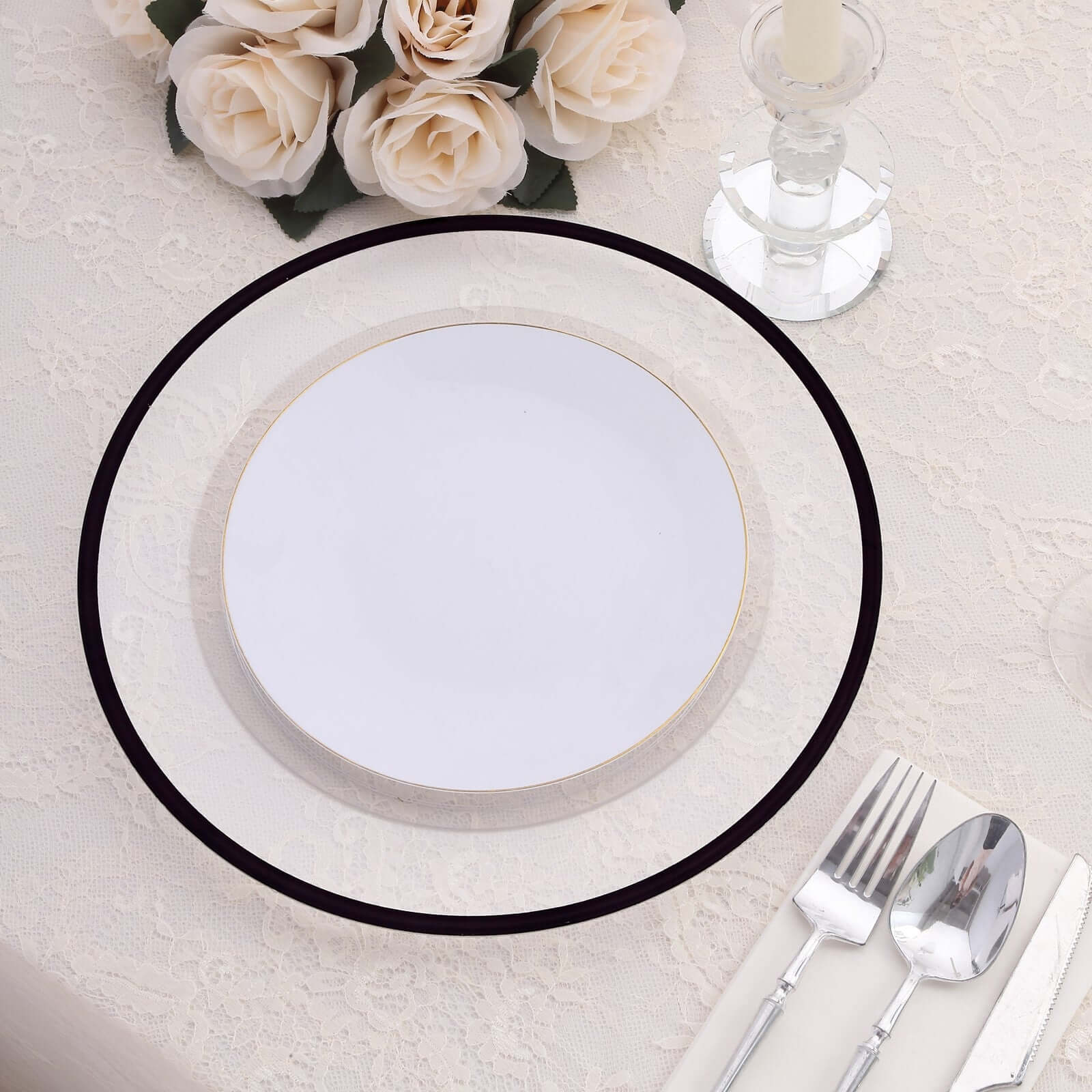 10-Pack Economy Plastic Round Charger Plates 12 in Clear with Wide Black Rim, Decorative Dinner Party Serving Plates