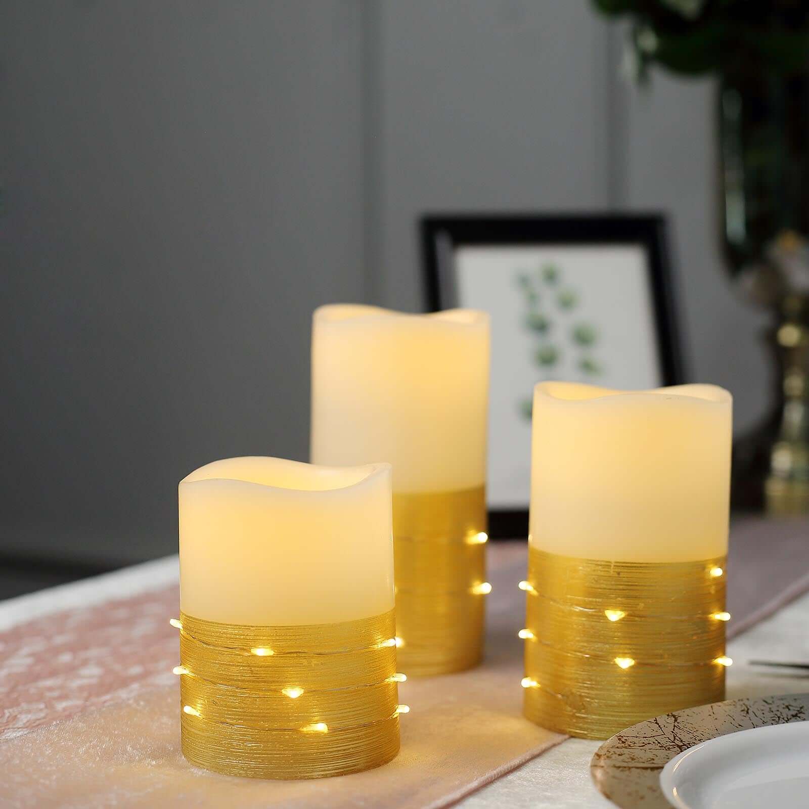 Set of 3 LED Flameless Pillar Candles Wrapped with Fairy String Lights Gold - Remote Operated 4, 5, 6