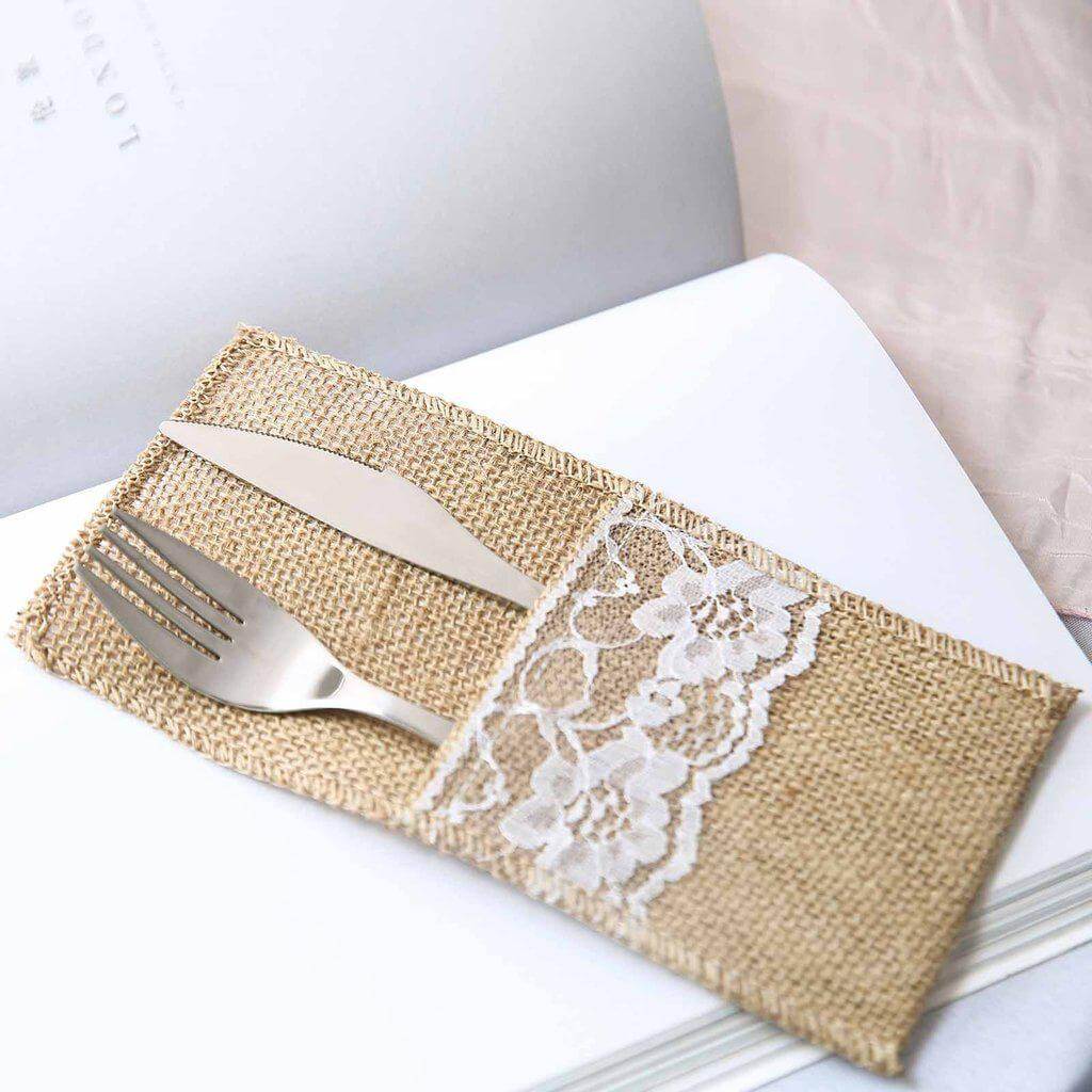 10 Pack 4x8 Natural Burlap Lace Single Set Silverware Holder Pouch