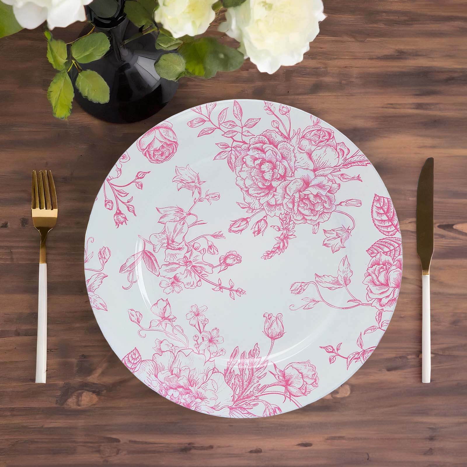 6-Pack Acrylic Round Charger Plates 13 in White with Pink Floral French Toile Pattern, Decorative Dinner Party Charger Tableware