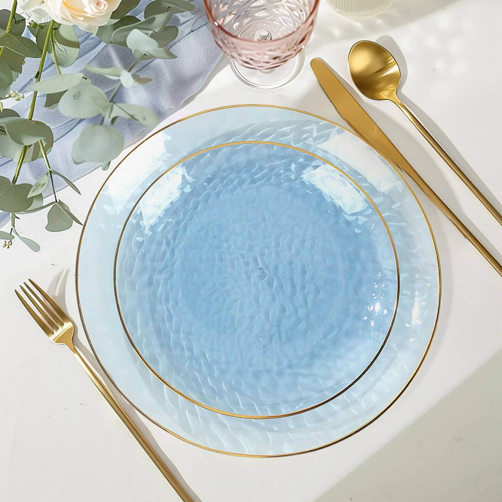 10-Pack Plastic 7 Round Dessert Appetizer Plates in Transparent Dusty Blue Hammered Design with Gold Rim - Modern Disposable Salad Plates