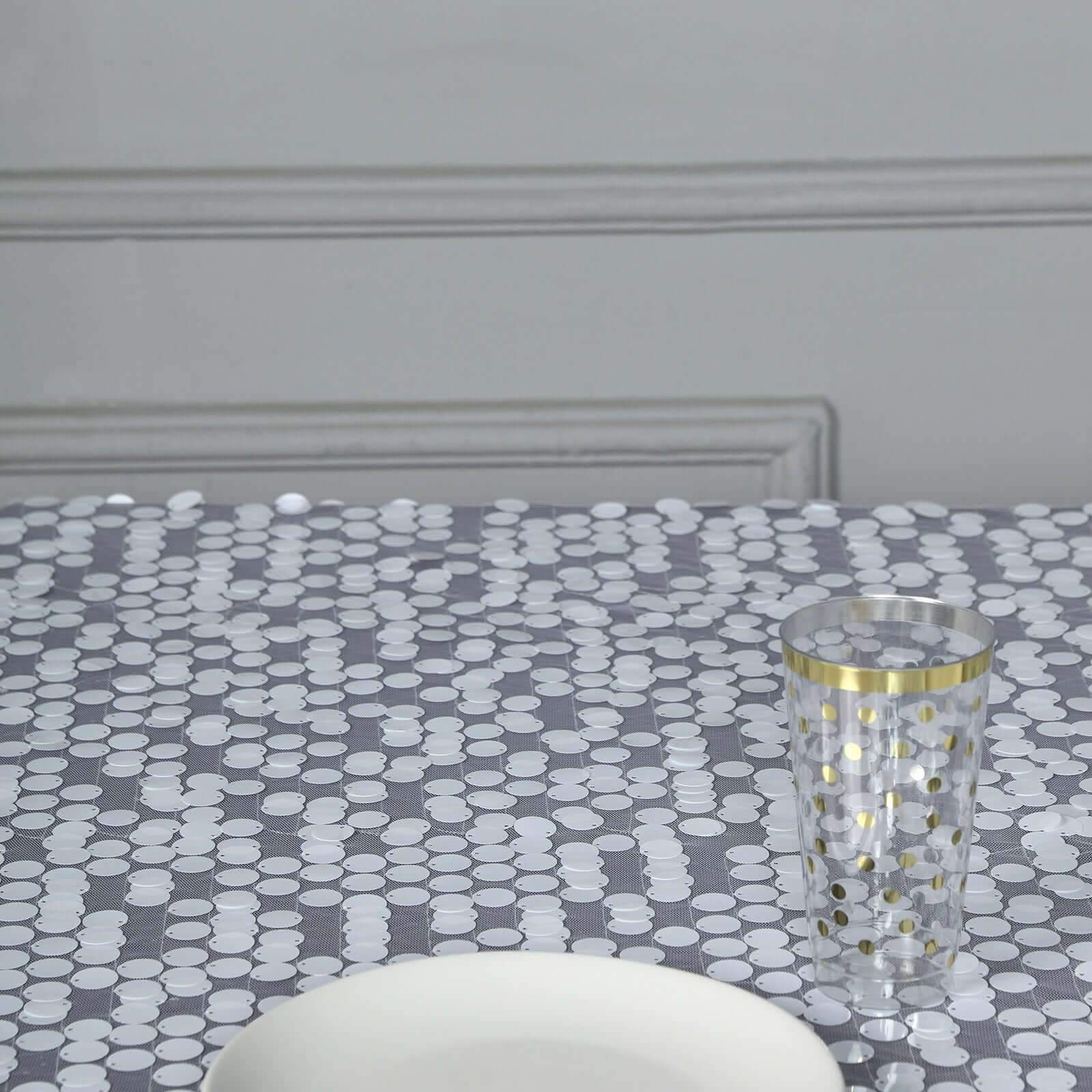 Sequin 72x72 Table Overlay Square Tablecloth White - Big Payette Design for Classy Celebrations