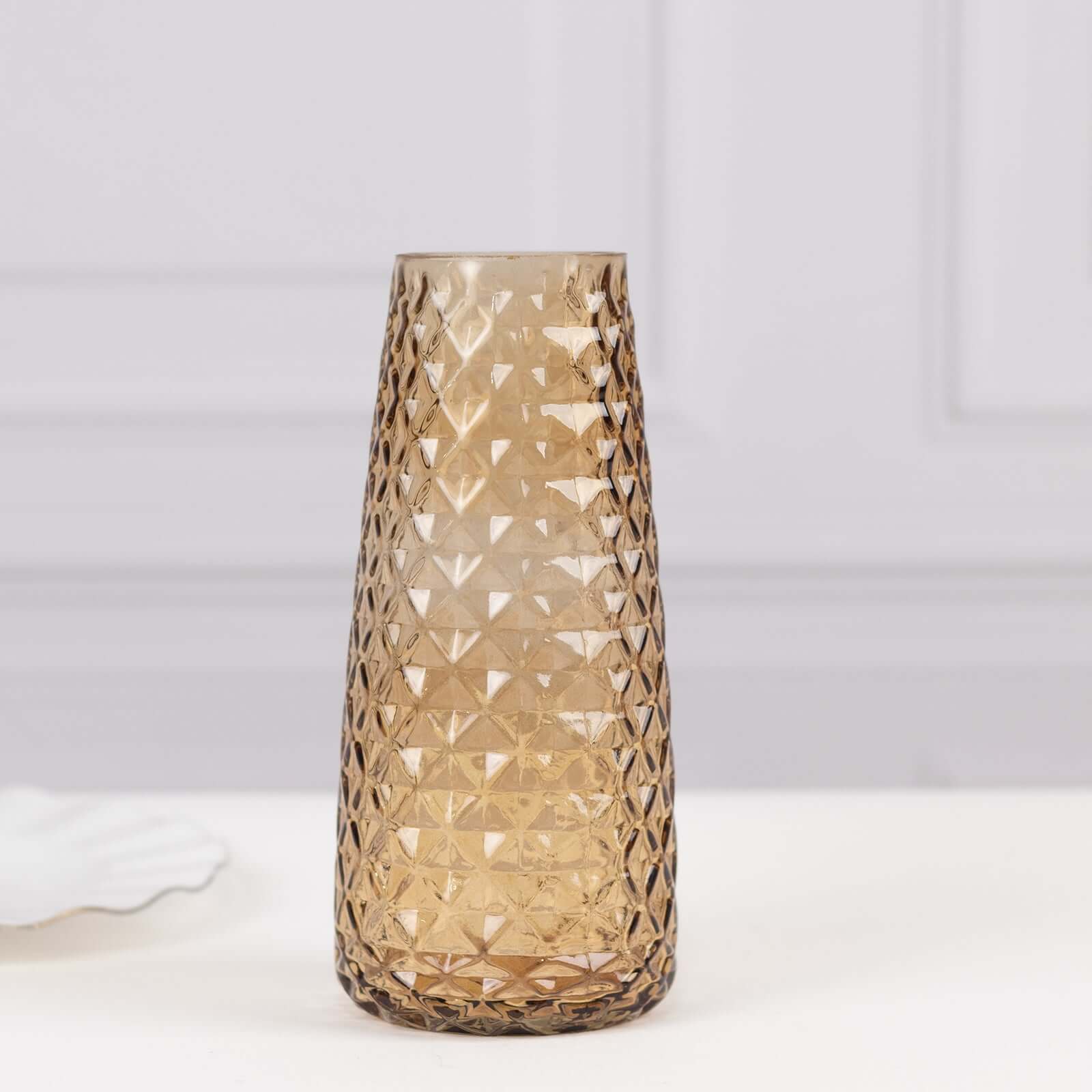 6-Pack Glass Urn Vases Amber Gold with Diamond Crystal Cut Pattern - Stylish Decorative Design for Event Decor 8.5