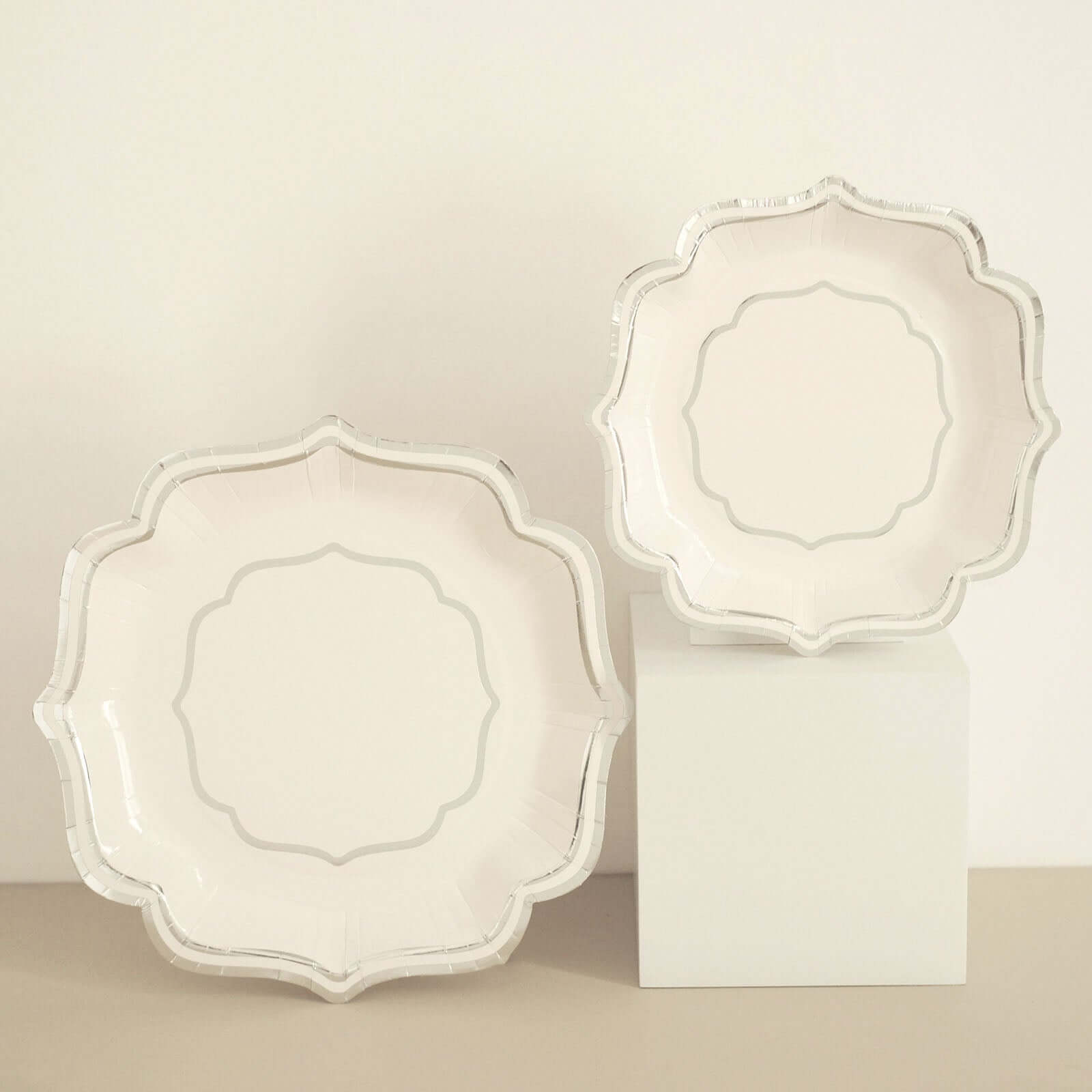 25-Pack Paper Dessert Plates in White with Silver Scallop Rim - Disposable 300GSM Appetizer Salad Plates 8