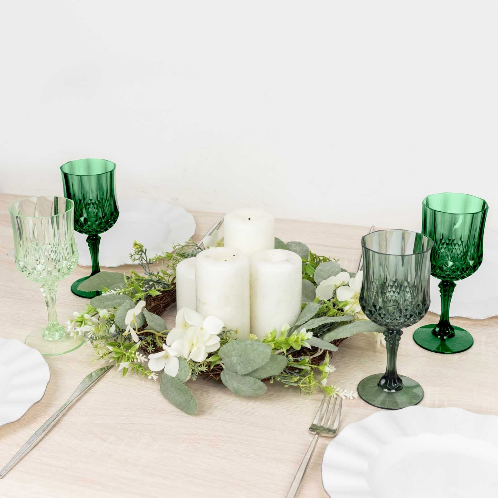 12-Pack Plastic Cocktail Goblets Assorted Green Transparent Crystal Cut - Shatterproof Drinkware 8oz