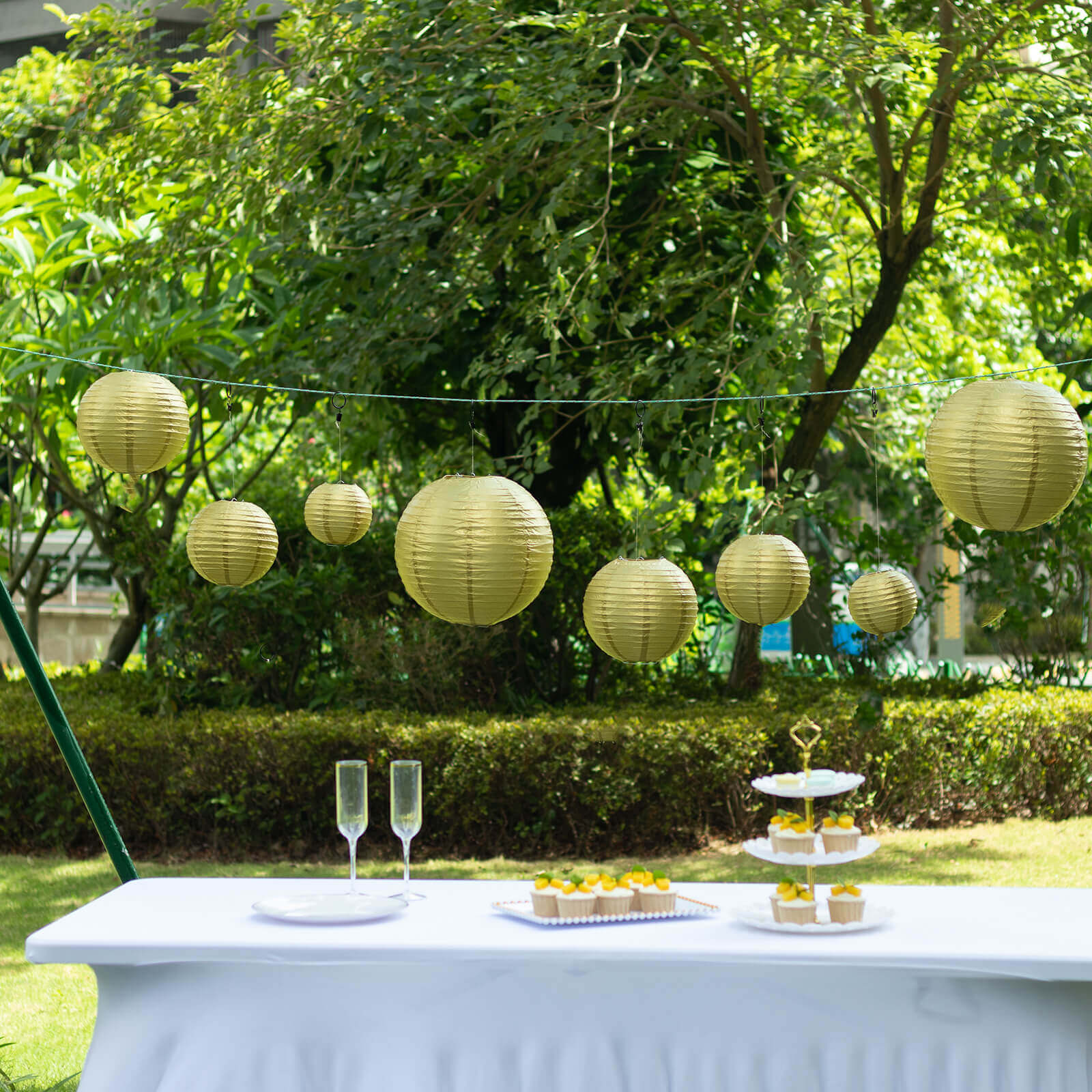 Set of 8 Gold Hanging Paper Lanterns, Decorative Round Chinese Sky Lanterns, Assorted Sizes  - 6,8,10,14