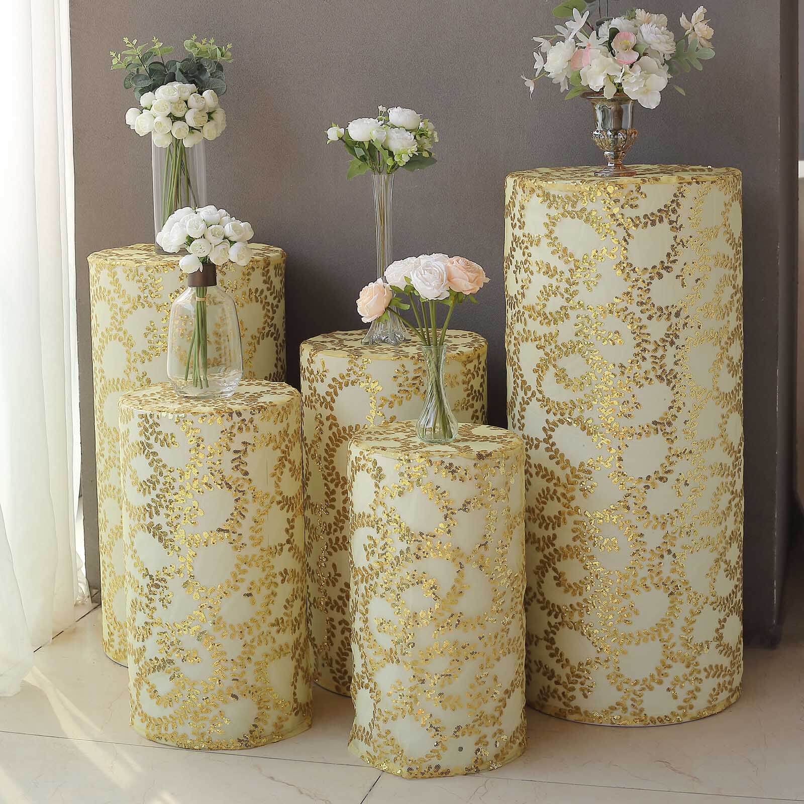 Set of 5 Gold Sequin Mesh Cylinder Pedestal Stand Covers with Leaf Vine Embroidery, Sparkly Sheer Tulle Pillar Prop Covers