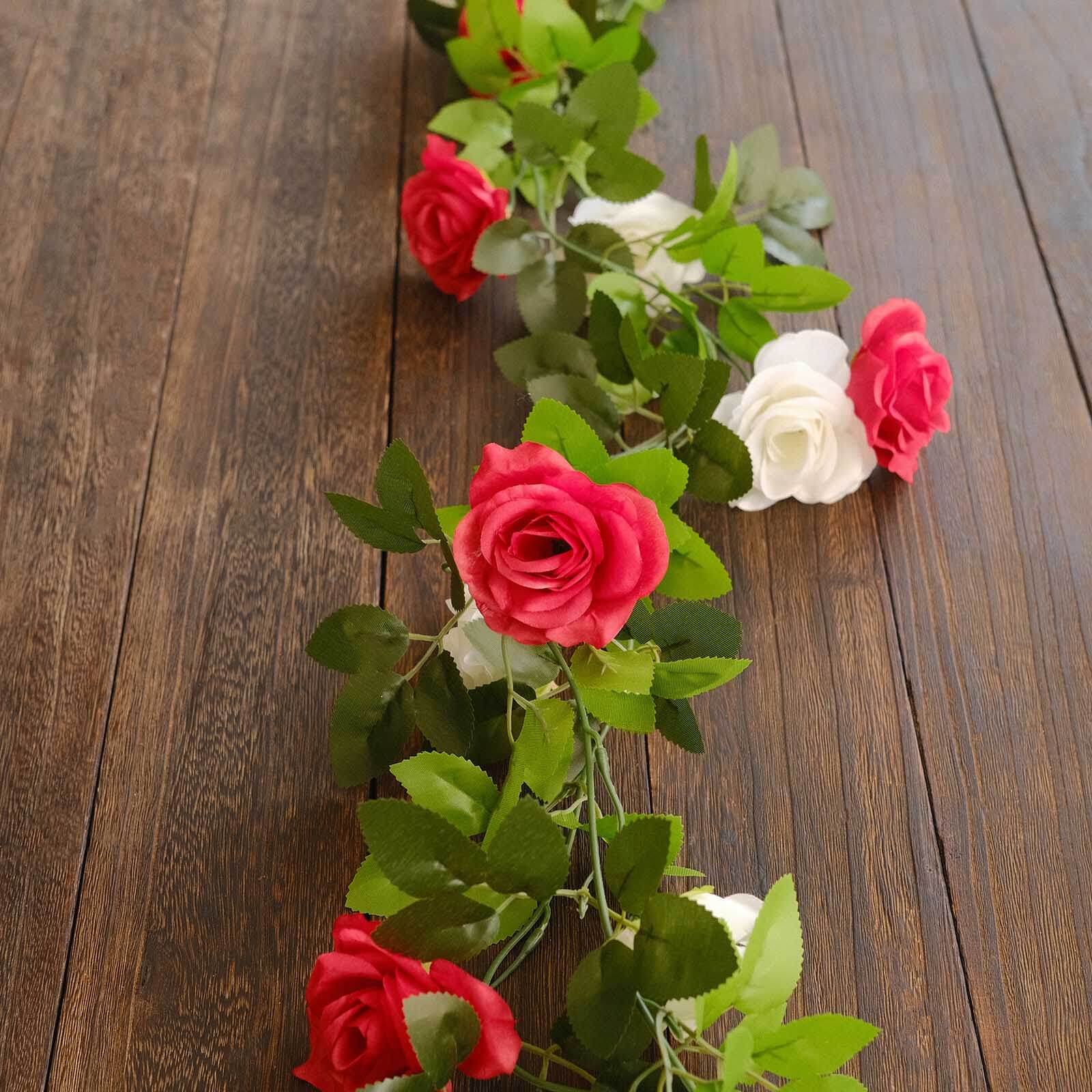 2 Pack 7ft Red Ivory Artificial Silk Flower Garland Mini Rose Vines with 26 Flower Heads