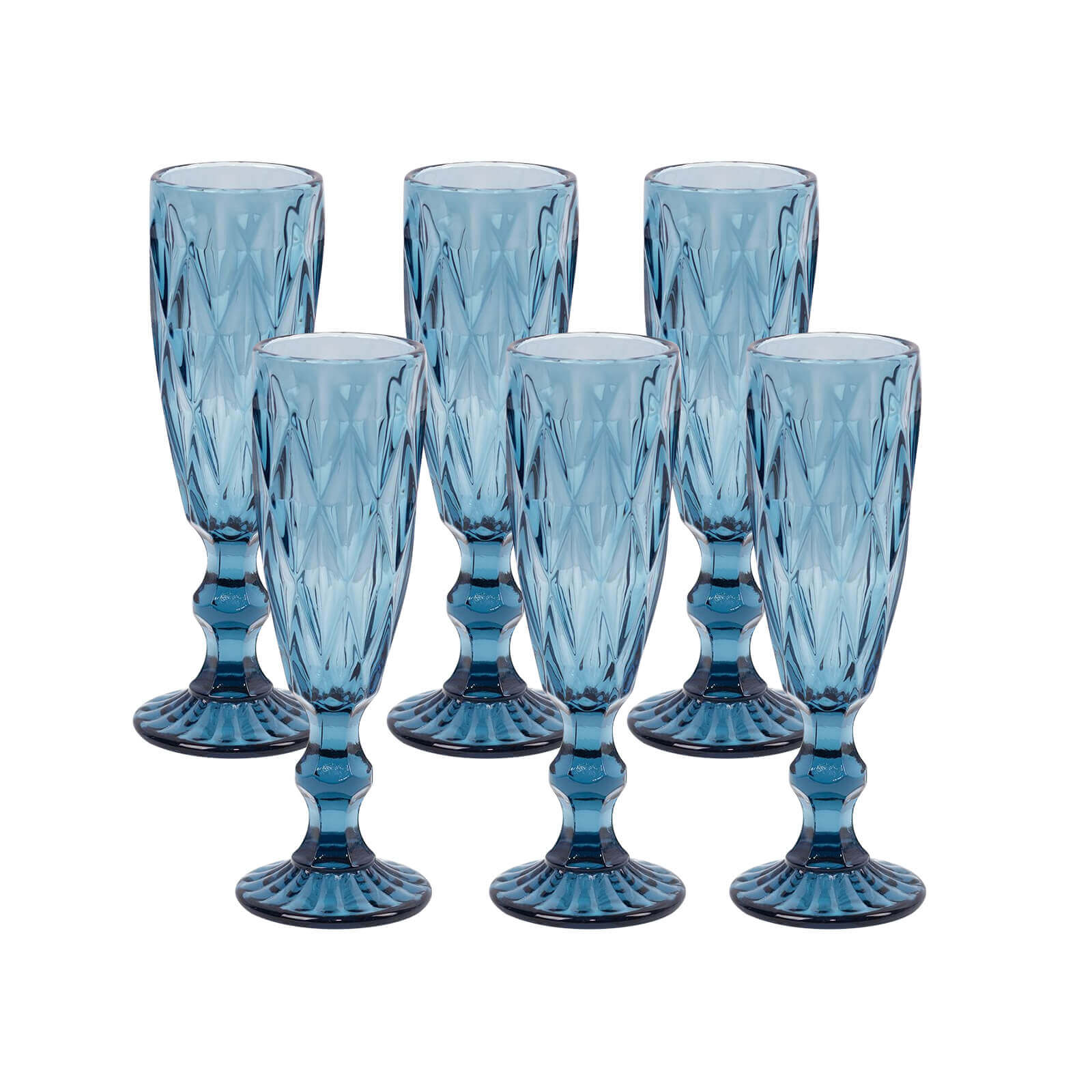 6-Pack Champagne Flute Glasses Transparent Ocean Blue Textured Crystal Cut Design - Chic Wine Goblets for Parties & Events 6oz 8