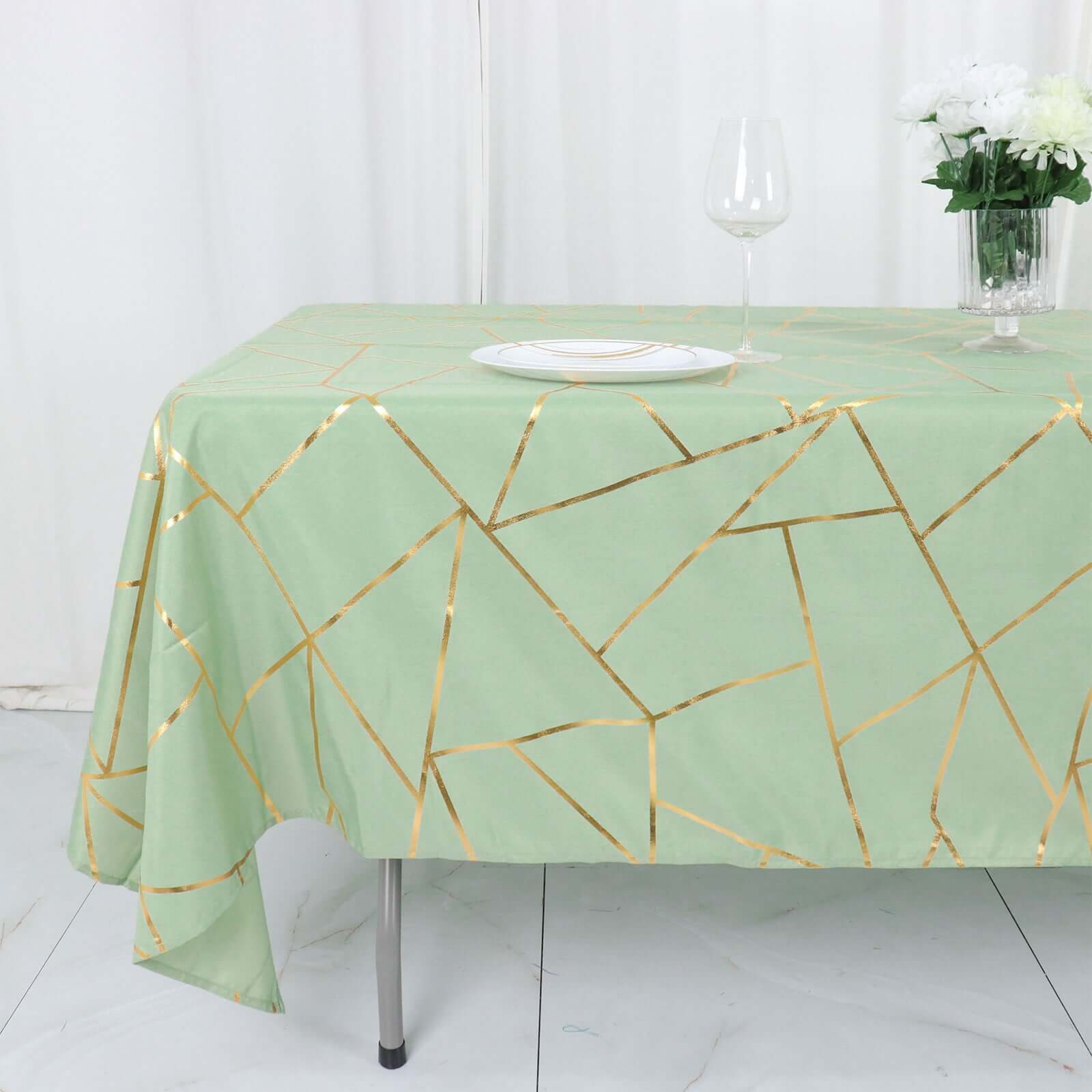 Polyester 60x102 Rectangle Tablecloth Sage Green with Gold Foil Geometric Pattern - Wrinkle-Resistant & Durable Table Cover