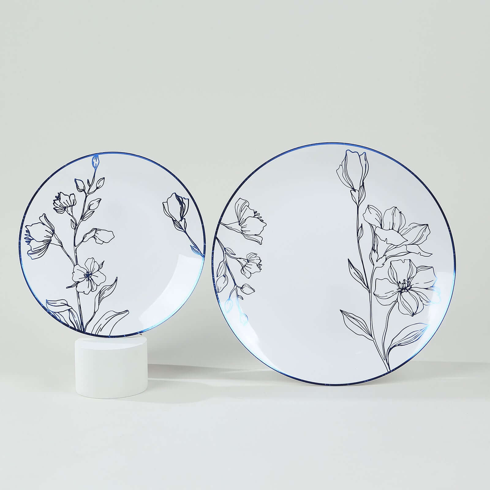 Set of 20 Plastic Round Dinner and Dessert Plates in White with Metallic Blue Floral Design - Stylish Disposable Dinnerware 8, 10